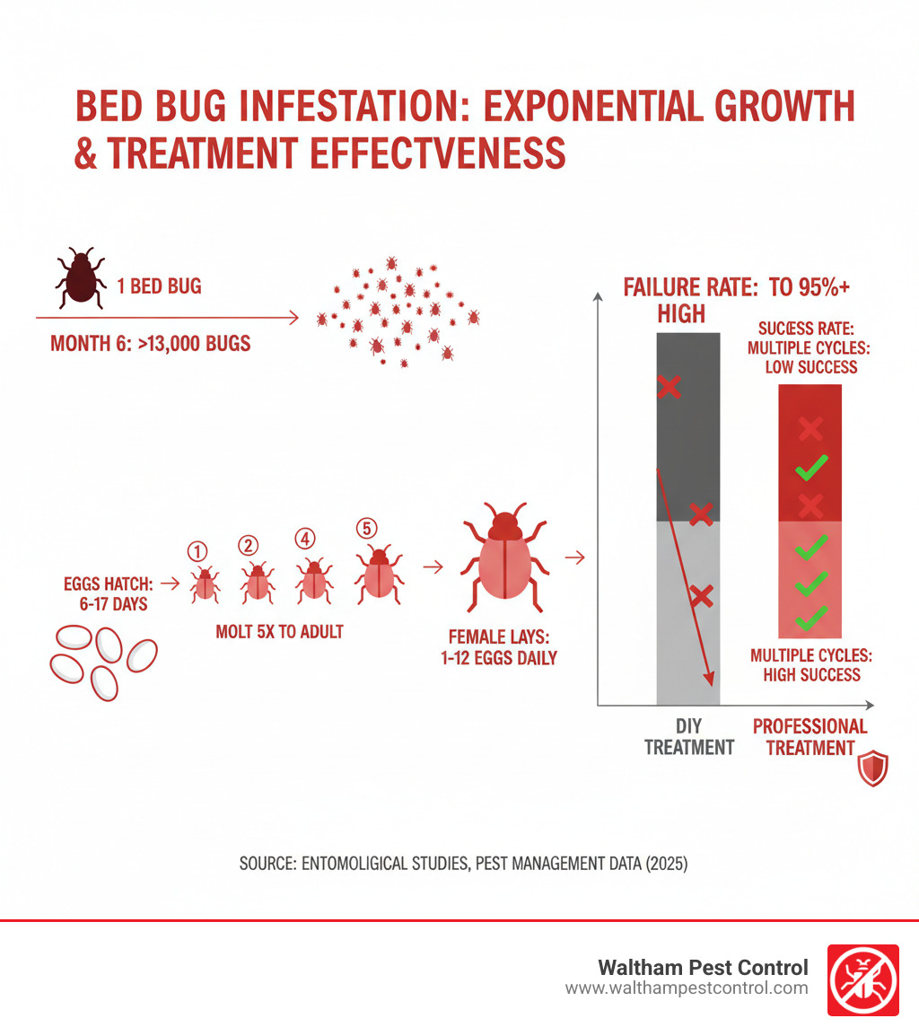 Infographic showing how a single bed bug becomes 13,000 bugs in six months, with visual representations of eggs hatching every 6-17 days, nymphs molting five times before reaching adulthood, and female bed bugs laying 1-12 eggs daily, plus a comparison of DIY treatment failure rates versus professional treatment success rates over multiple treatment cycles - professional bed bug treatment infographic Infographic showing how a single bed bug becomes 13,000 bugs in six months, with visual representations of eggs hatching every 6-17 days, nymphs molting five times before reaching adulthood, and female bed bugs laying 1-12 eggs daily, plus a comparison of DIY treatment failure rates versus professional treatment success rates over multiple treatment cycles - professional bed bug treatment infographic