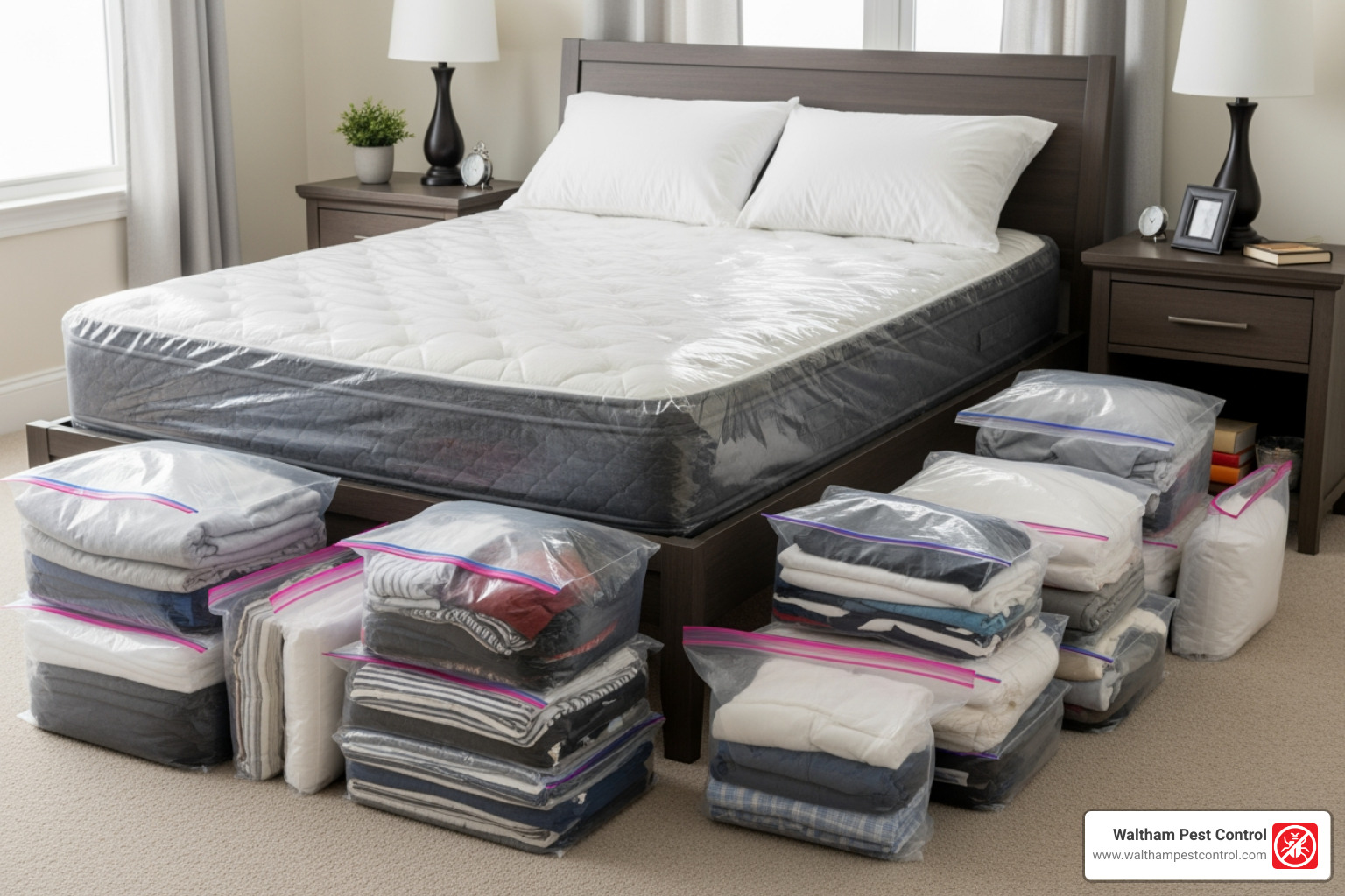 neatly prepared room with bagged items, ready for treatment - professional bed bug treatment neatly prepared room with bagged items, ready for treatment - professional bed bug treatment