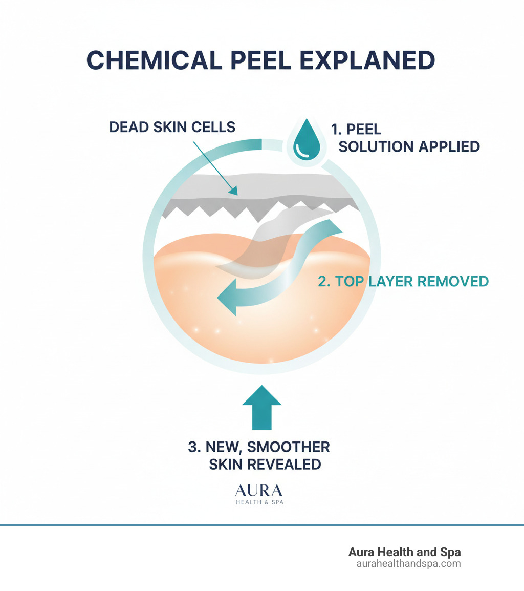 Infographic explaining the basic concept of a chemical peel removing the top layer of skin to reveal a new, smoother layer underneath - chemical peel plymouth infographic 