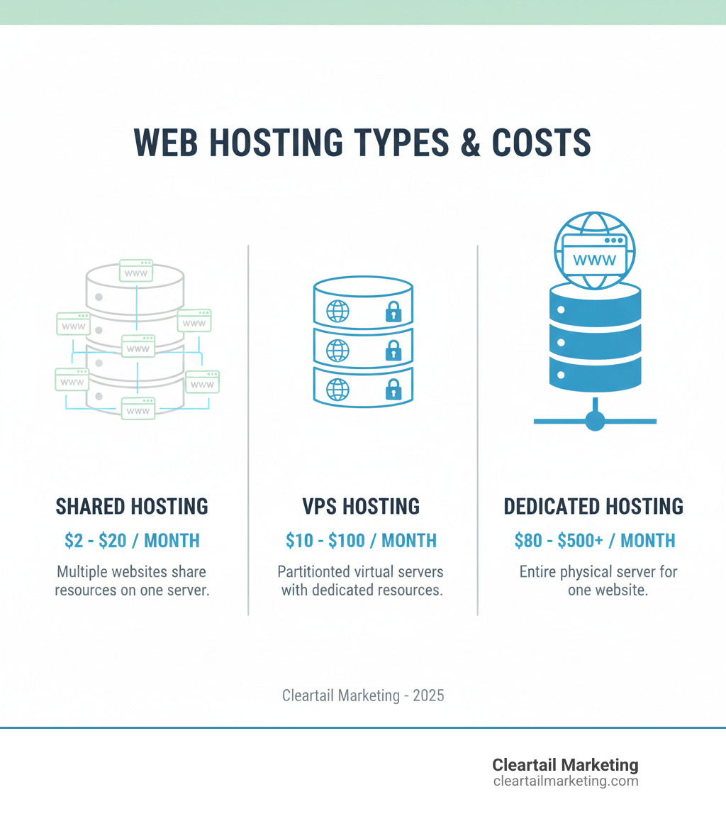 Infographic showing three server types: Shared Hosting ($2-20/month, multiple websites sharing resources on one server), VPS Hosting ($10-100/month, partitioned virtual servers with dedicated resources), and Dedicated Hosting ($80-500+/month, entire physical server for one website) - website hosting cost infographic 