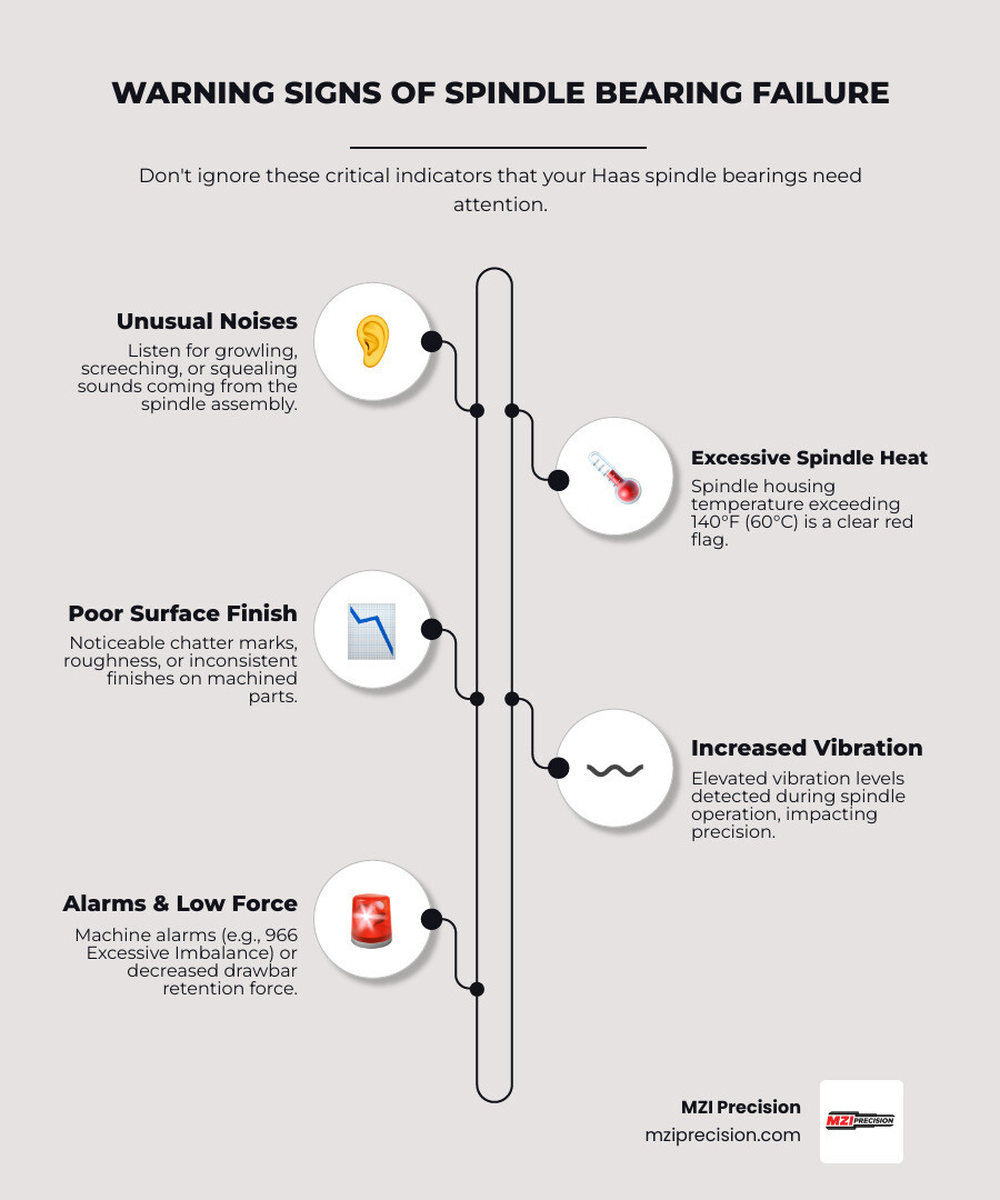 INFOGRAPHIC SHOWING THE WARNING SIGNS OF HAAS SPINDLE BEARING FAILURE: UNUSUAL GRINDING OR GROWLING NOISES FROM THE SPINDLE ASSEMBLY, EXCESSIVE SPINDLE TEMPERATURE ABOVE 140°F, POOR SURFACE FINISH OR CHATTER ON MACHINED PARTS, HIGH VIBRATION READINGS DURING OPERATION, DIFFICULTY TURNING SPINDLE BY HAND WHEN POWERED OFF, LOW DRAWBAR RETENTION FORCE MEASUREMENTS, AND ALARM CODES LIKE 966 FOR EXCESSIVE IMBALANCE - HAAS SPINDLE BEARING REPLACEMENT INFOGRAPHIC INFOGRAPHIC-LINE-5-STEPS-ELEGANT_BEIGE