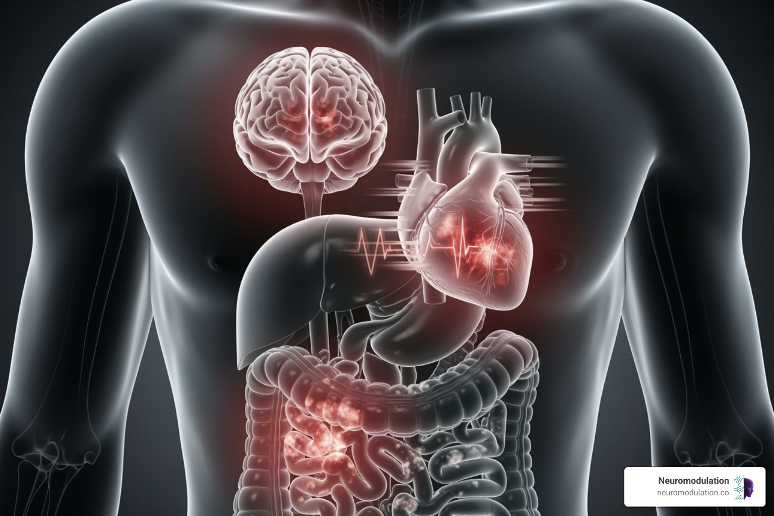 showing the impact of chronic stress on major organs like the brain, heart, and gut - what causes stress