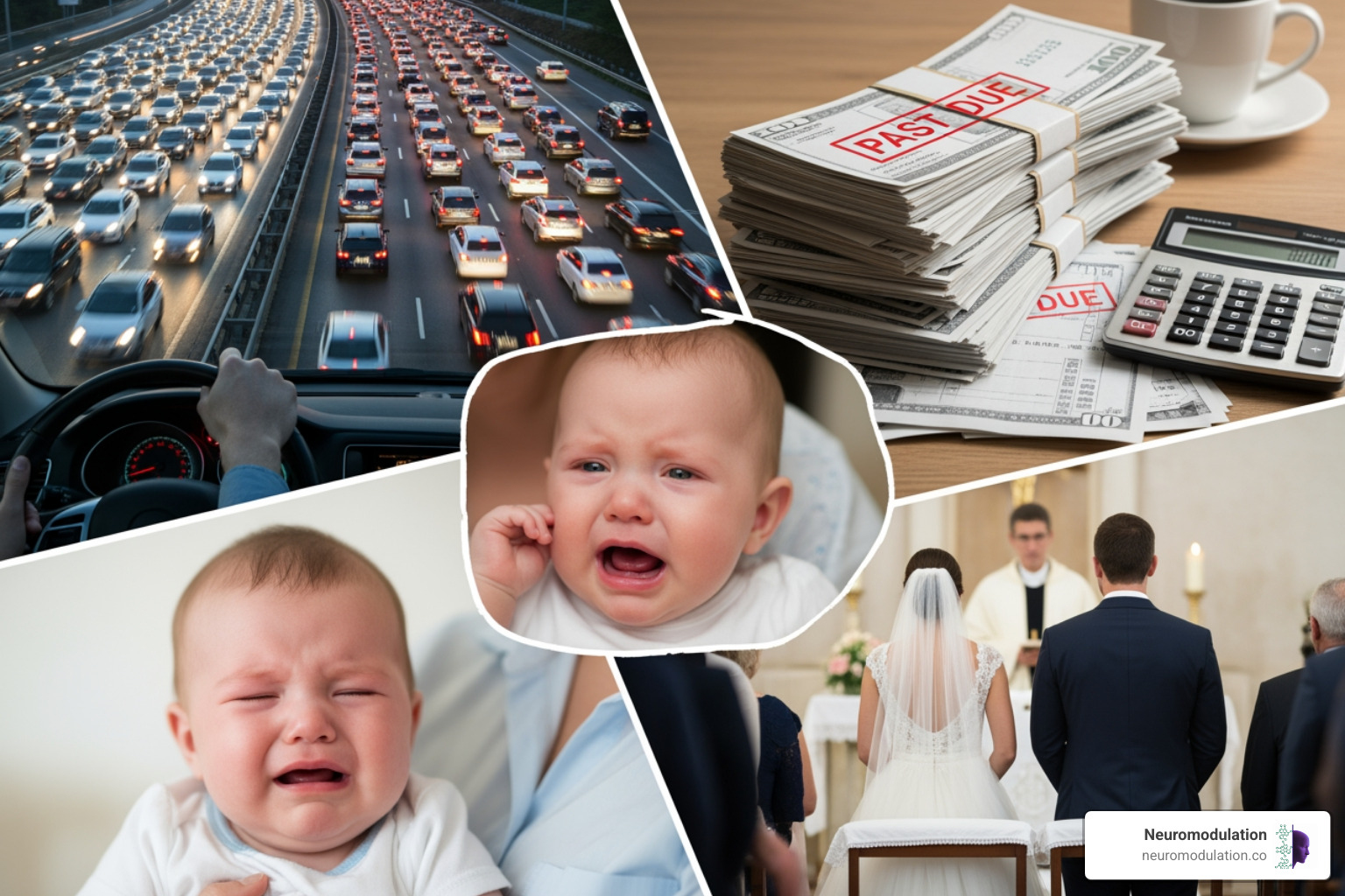collage showing diverse stressors like traffic, bills, a crying baby, and a positive event like a wedding - what causes stress