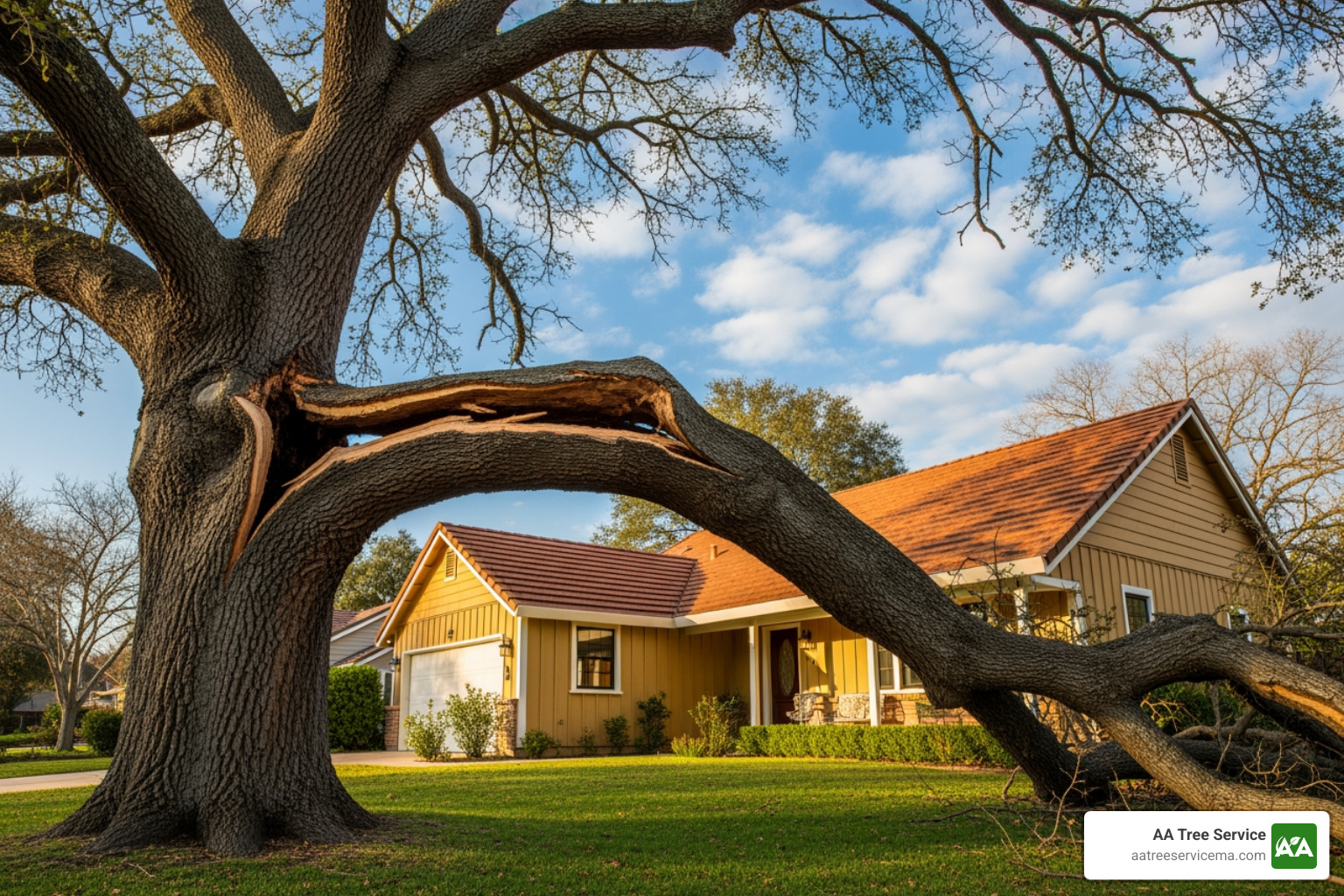 A tree with a large, cracked branch hanging precariously over a residential roof. - tree cutting service danville nh