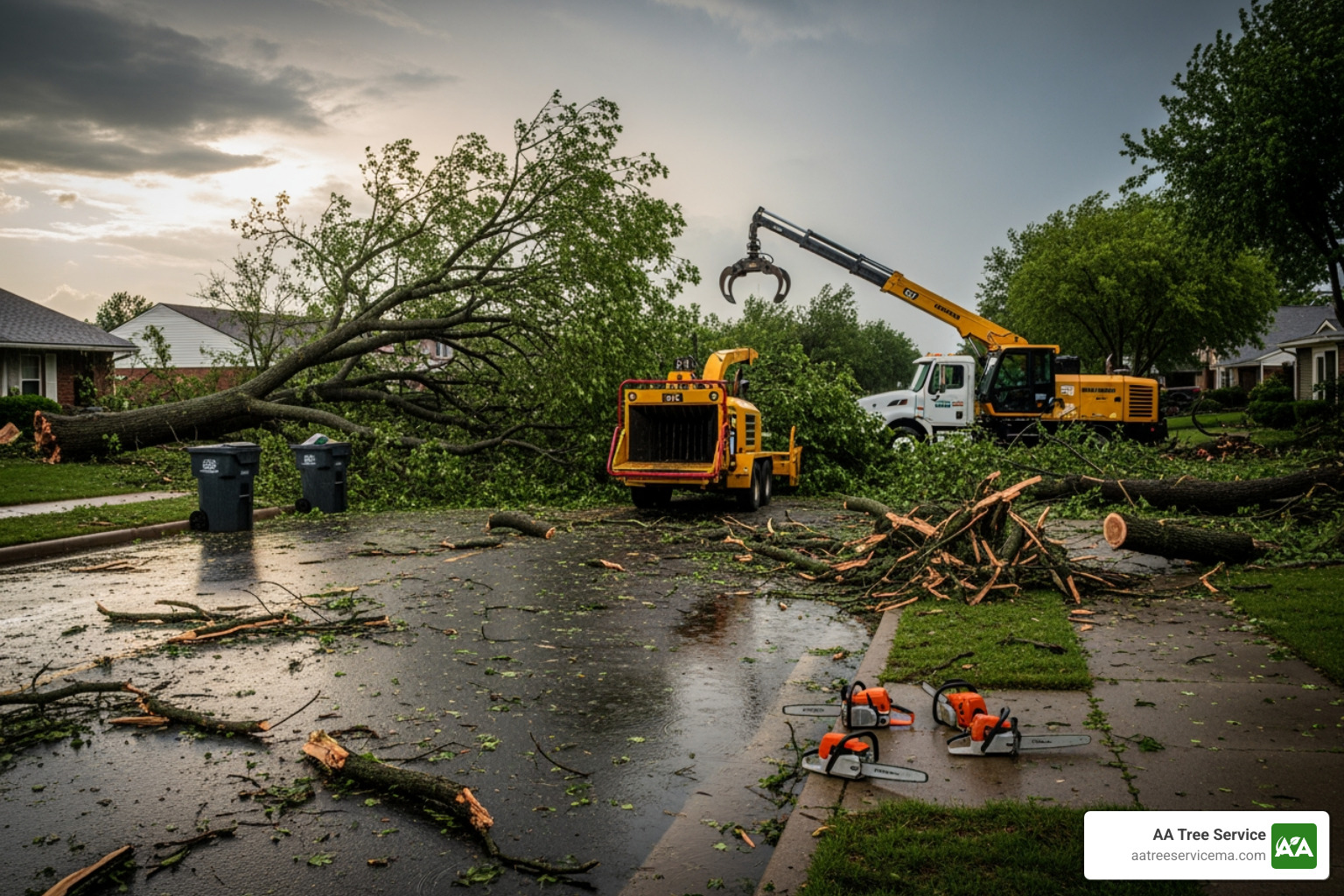 Tree service crew cleaning up after a storm, with fallen branches and equipment. - tree cutting service danville nh