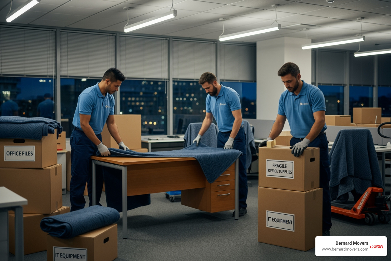 Movers working efficiently after hours in an office space - business relocation Chicago Movers working efficiently after hours in an office space - business relocation Chicago