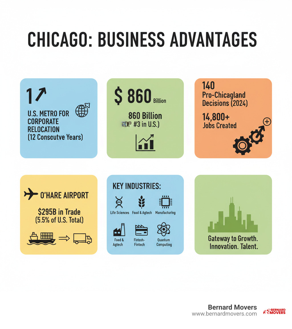 Infographic showing Chicago's competitive advantages: #1 U.S. Metro for Corporate Relocation (12 consecutive years), $860 Billion GDP (#3 in U.S.), 140 pro-Chicagoland decisions in 2024, 14,800+ jobs created, O'Hare Airport handling $295B in trade (5.5% of U.S. total), and key industries including Life Sciences, Food & Agtech, Manufacturing, Fintech, and Quantum Computing - business relocation Chicago infographic Infographic showing Chicago's competitive advantages: #1 U.S. Metro for Corporate Relocation (12 consecutive years), $860 Billion GDP (#3 in U.S.), 140 pro-Chicagoland decisions in 2024, 14,800+ jobs created, O'Hare Airport handling $295B in trade (5.5% of U.S. total), and key industries including Life Sciences, Food & Agtech, Manufacturing, Fintech, and Quantum Computing - business relocation Chicago infographic