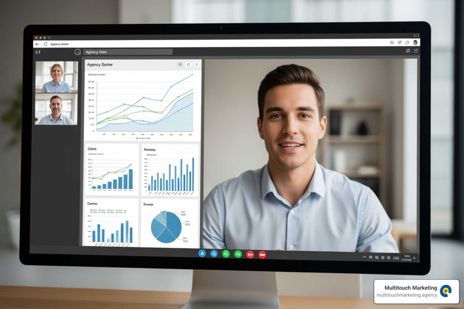 Image of a person on a video call with an agency representative, looking at charts - automotive ppc agency Image of a person on a video call with an agency representative, looking at charts - automotive ppc agency