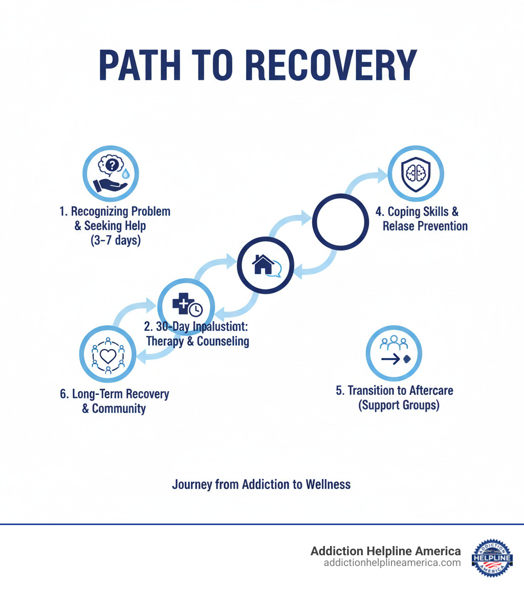 Infographic showing the path from addiction to recovery: 1) Recognizing the problem and seeking help, 2) Initial evaluation and medical detox (3-7 days), 3) 30-day inpatient treatment with daily therapy and counseling, 4) Developing coping skills and relapse prevention strategies, 5) Transitioning to aftercare (outpatient, support groups, sober living), 6) Long-term recovery with ongoing support and community connection - 30 day inpatient rehab programs near henderson infographic Infographic showing the path from addiction to recovery: 1) Recognizing the problem and seeking help, 2) Initial evaluation and medical detox (3-7 days), 3) 30-day inpatient treatment with daily therapy and counseling, 4) Developing coping skills and relapse prevention strategies, 5) Transitioning to aftercare (outpatient, support groups, sober living), 6) Long-term recovery with ongoing support and community connection - 30 day inpatient rehab programs near henderson infographic