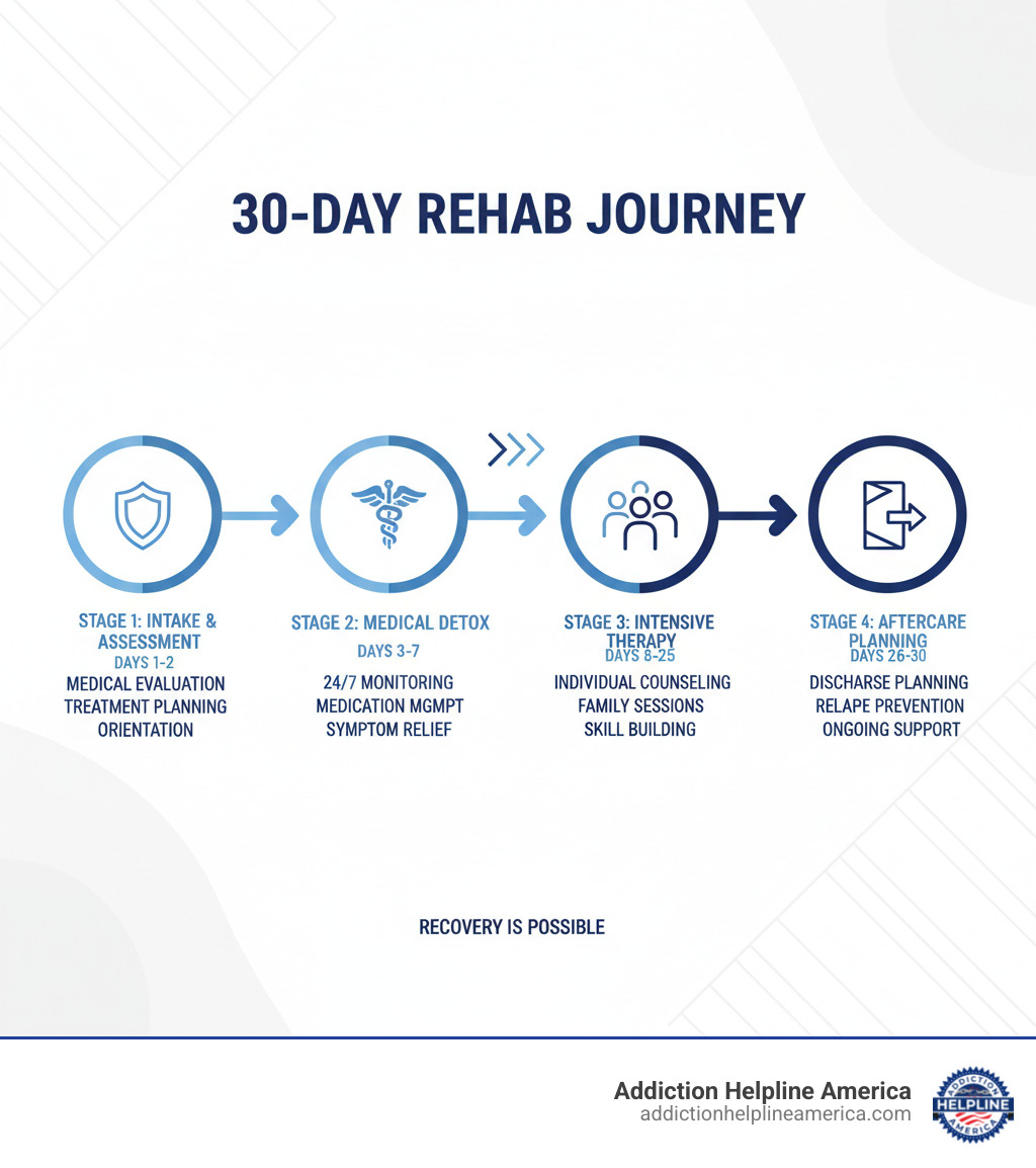 Infographic showing the 4 key stages of a 30-day rehab program: Stage 1 - Intake and Assessment (Days 1-2) includes medical evaluation, treatment planning, and orientation; Stage 2 - Medical Detox (Days 3-7) features 24/7 monitoring, medication management, and symptom relief; Stage 3 - Intensive Therapy (Days 8-25) consists of individual counseling, group therapy, family sessions, and skill building; Stage 4 - Aftercare Planning (Days 26-30) involves discharge planning, relapse prevention strategies, and connecting with ongoing support resources - 30 day inpatient rehab programs near lafayette county infographic 