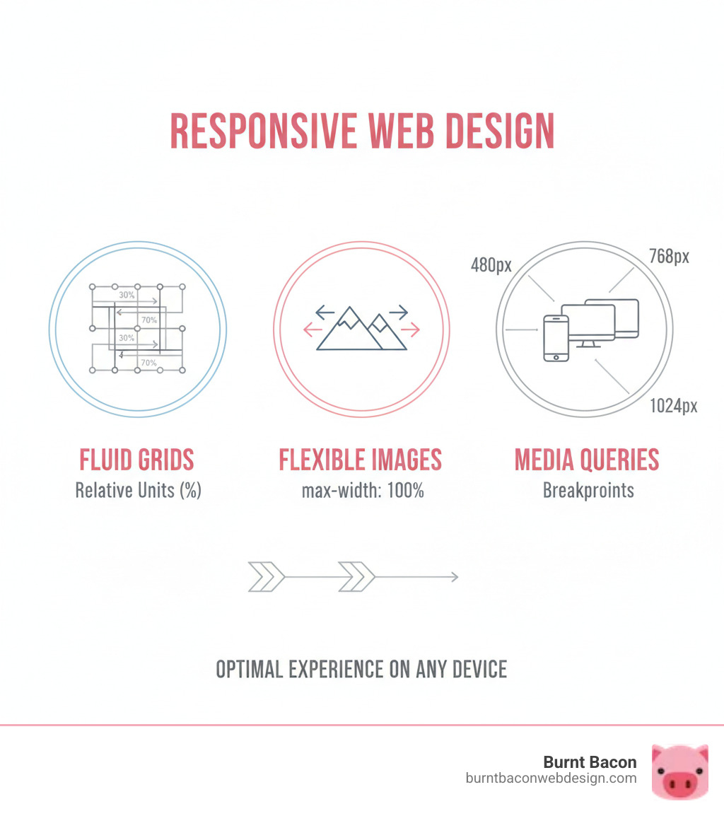 Infographic showing the three core pillars of responsive web design: fluid grids that use relative units like percentages instead of fixed pixels, flexible images that scale with max-width 100%, and media queries that apply different CSS rules at specific breakpoints like 480px for mobile, 768px for tablets, and 1024px for desktops - get responsive web design infographic 