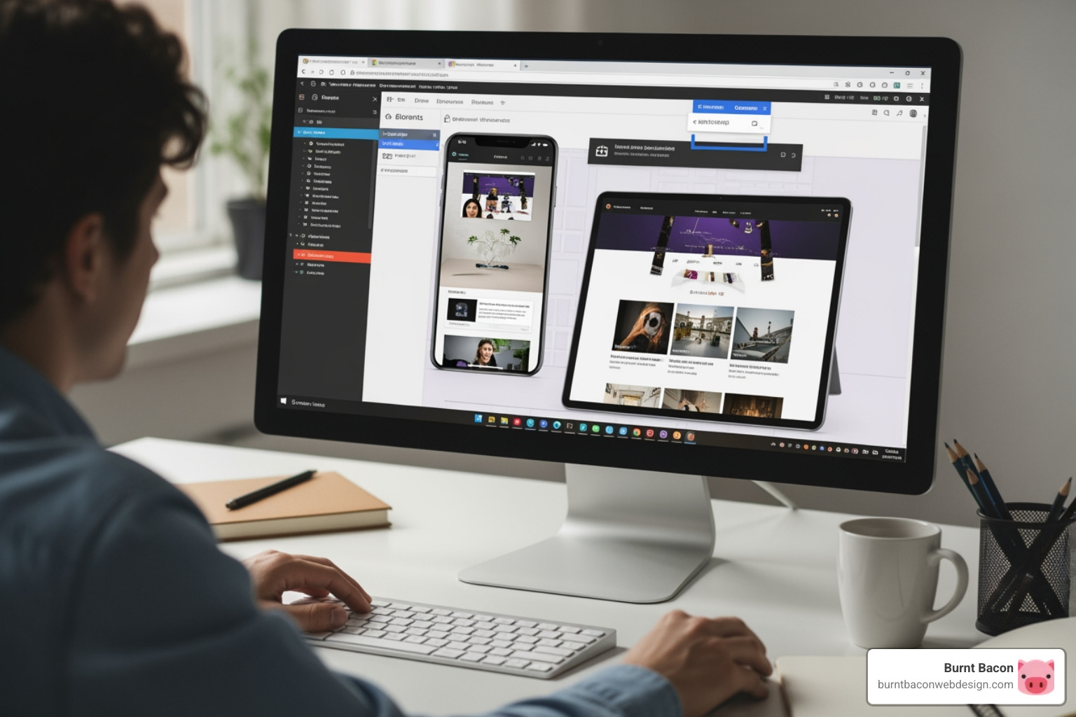 Image of a developer using Chrome DevTools to inspect and test a responsive website layout on various simulated devices - get responsive web design
