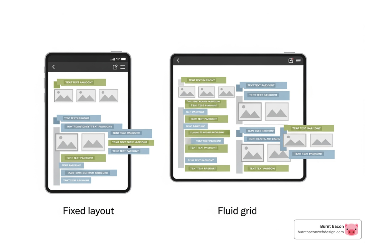 Image illustrating the difference between a fixed layout where content can be cut off or require excessive scrolling, and a fluid grid where content rearranges and scales to fit the screen - get responsive web design