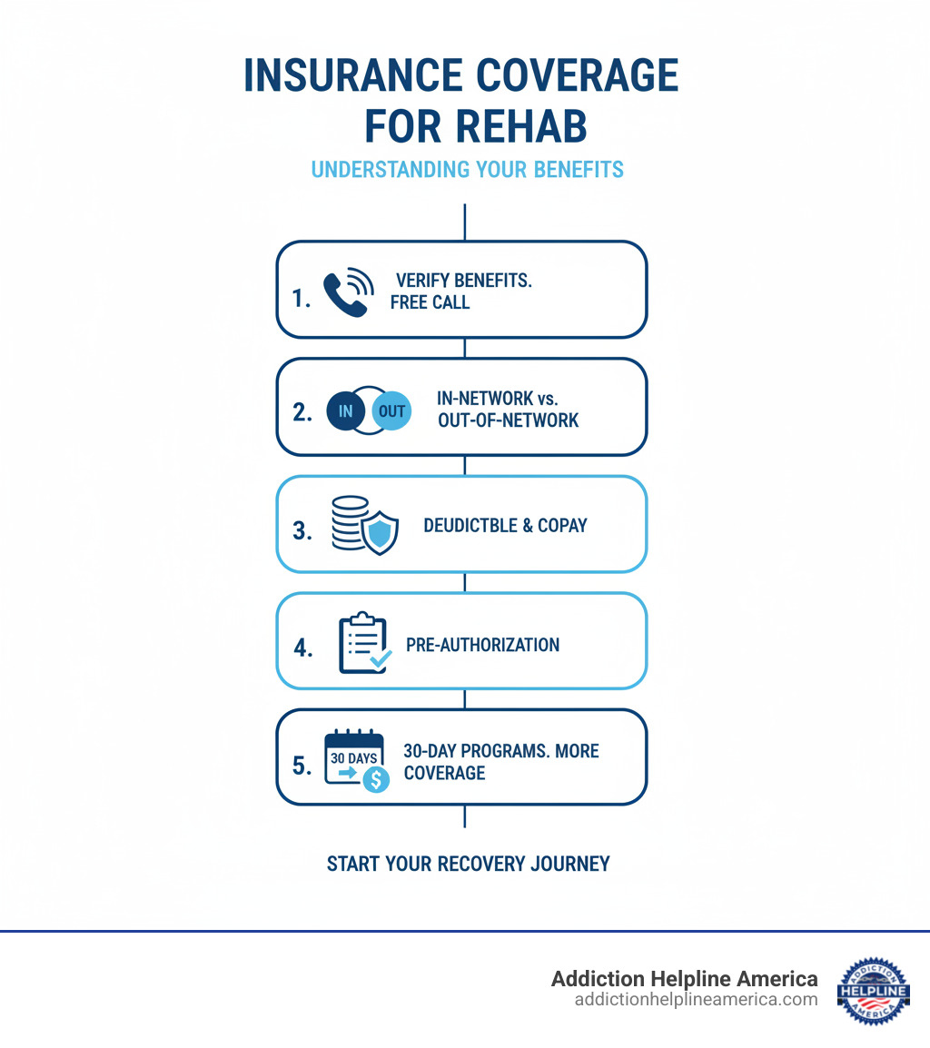 Infographic detailing insurance coverage for rehab: 1. Verify your benefits with a free call. 2. Understand in-network vs. out-of-network. 3. Know your deductible and copay amounts. 4. Check for pre-authorization requirements. 5. Insurance often covers 30-day programs more readily. - 30 day inpatient rehab programs near new albany infographic Infographic detailing insurance coverage for rehab: 1. Verify your benefits with a free call. 2. Understand in-network vs. out-of-network. 3. Know your deductible and copay amounts. 4. Check for pre-authorization requirements. 5. Insurance often covers 30-day programs more readily. - 30 day inpatient rehab programs near new albany infographic