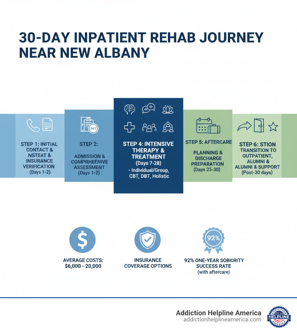 Infographic showing the complete 30-day inpatient rehab journey near New Albany: Step 1 - Initial Contact & Insurance Verification (Day 1), Step 2 - Admission & Comprehensive Assessment (Days 1-2), Step 3 - Medical Detoxification with 24/7 supervision (Days 1-7), Step 4 - Intensive Therapy & Treatment including individual counseling, group therapy, CBT, DBT, and holistic approaches (Days 7-28), Step 5 - Aftercare Planning & Discharge Preparation (Days 25-30), Step 6 - Transition to Outpatient Care, Alumni Programs & Ongoing Support (Post-30 days). Includes average costs of $6,000-$20,000, insurance coverage options, and 92% one-year sobriety success rate with proper aftercare. - 30 day inpatient rehab programs near new albany infographic Infographic showing the complete 30-day inpatient rehab journey near New Albany: Step 1 - Initial Contact & Insurance Verification (Day 1), Step 2 - Admission & Comprehensive Assessment (Days 1-2), Step 3 - Medical Detoxification with 24/7 supervision (Days 1-7), Step 4 - Intensive Therapy & Treatment including individual counseling, group therapy, CBT, DBT, and holistic approaches (Days 7-28), Step 5 - Aftercare Planning & Discharge Preparation (Days 25-30), Step 6 - Transition to Outpatient Care, Alumni Programs & Ongoing Support (Post-30 days). Includes average costs of $6,000-$20,000, insurance coverage options, and 92% one-year sobriety success rate with proper aftercare. - 30 day inpatient rehab programs near new albany infographic