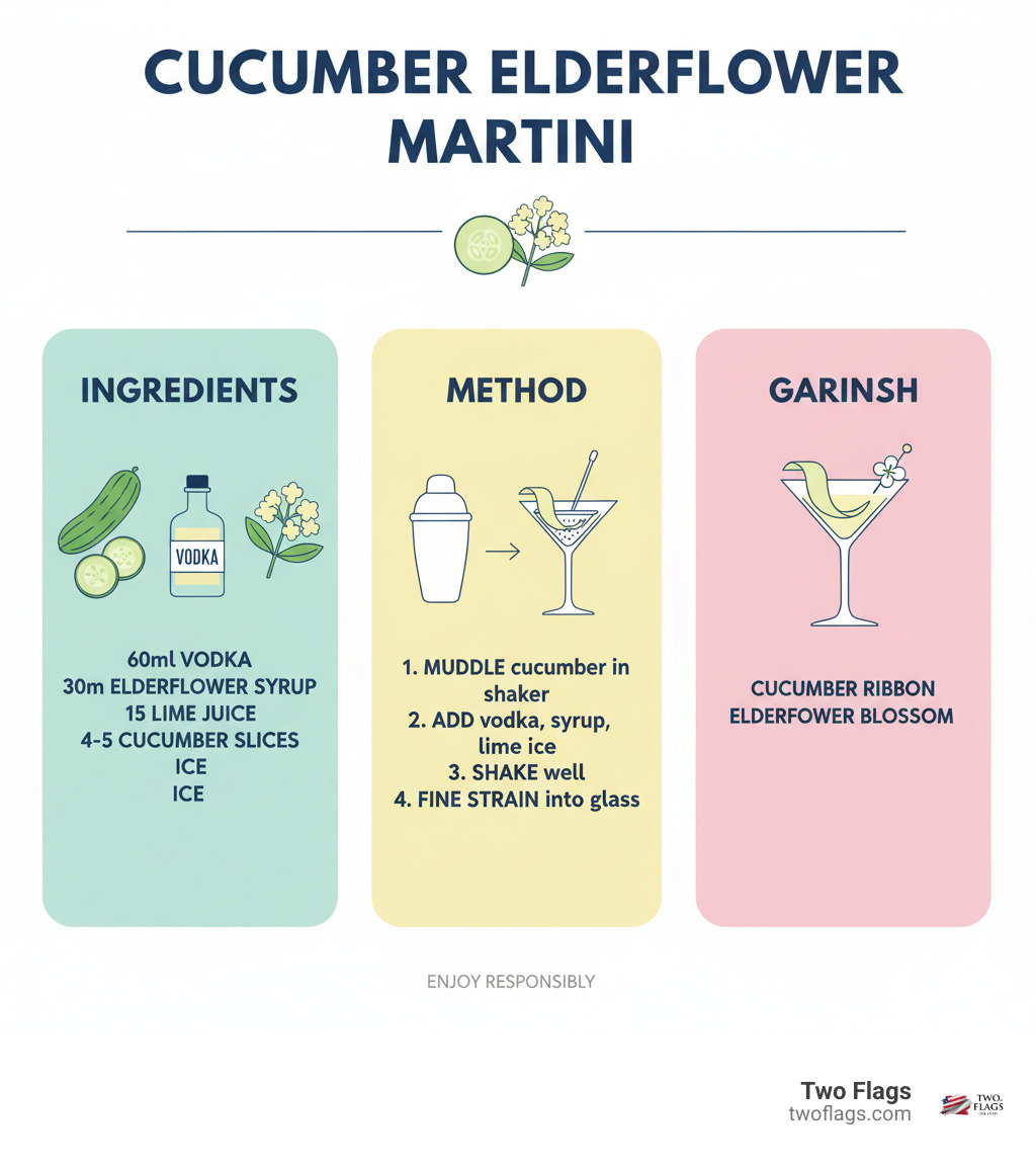 all the necessary ingredients and bar tools arranged neatly on a countertop - cucumber elderflower martini