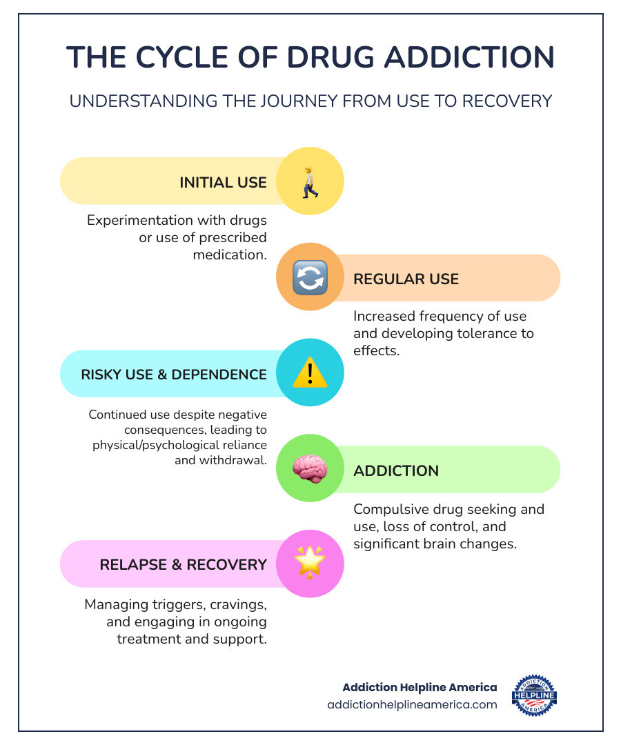 Infographic showing the cycle of drug addiction: Initial Use (experimentation or prescribed medication) → Regular Use (increased frequency and tolerance) → Risky Use (continued use despite negative consequences) → Dependence (physical and psychological reliance, withdrawal symptoms) → Addiction (compulsive seeking and use, loss of control, brain changes) → Possible Relapse (triggers and cravings) → Recovery (treatment, support, management) - drug addiction infographic infographic-line-5-steps-colors