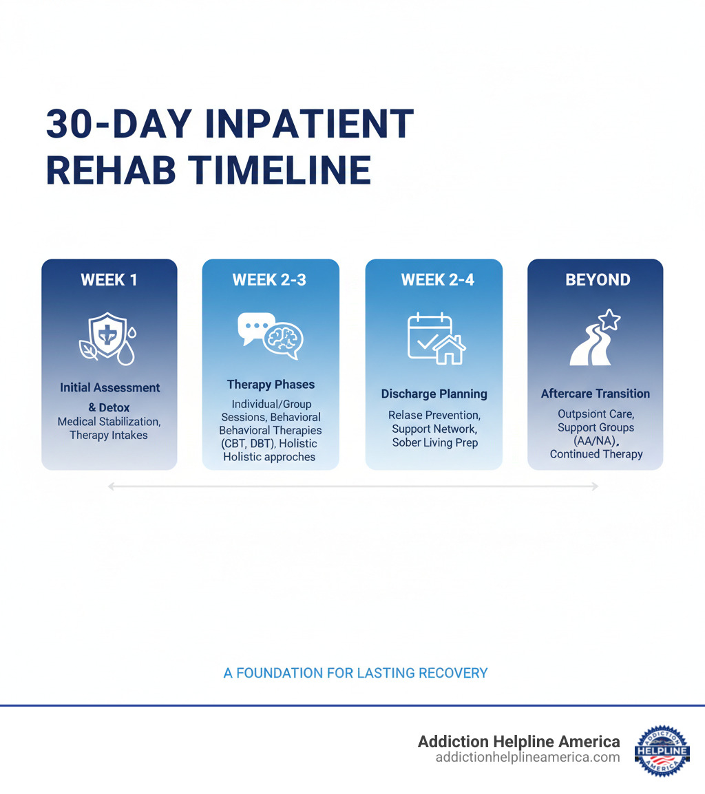 infographic showing 30-day rehab timeline from initial assessment and detox through therapy phases to discharge planning and aftercare transition - 30 day inpatient rehab programs new infographic 