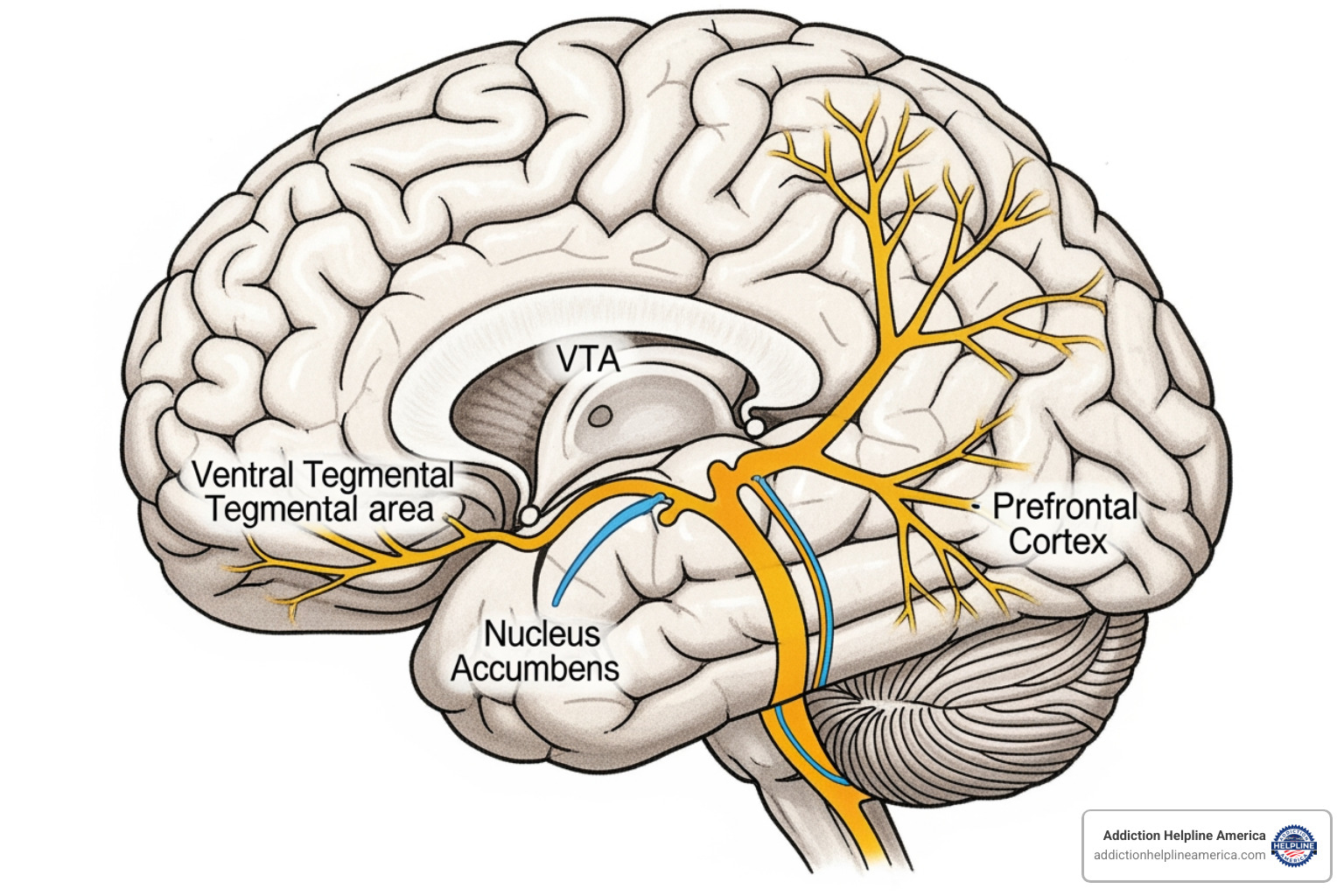 Image of the brain's reward pathway highlighting dopamine's role, showing the ventral tegmental area (VTA), nucleus accumbens, and prefrontal cortex, with dopamine pathways indicated. - drug addiction
