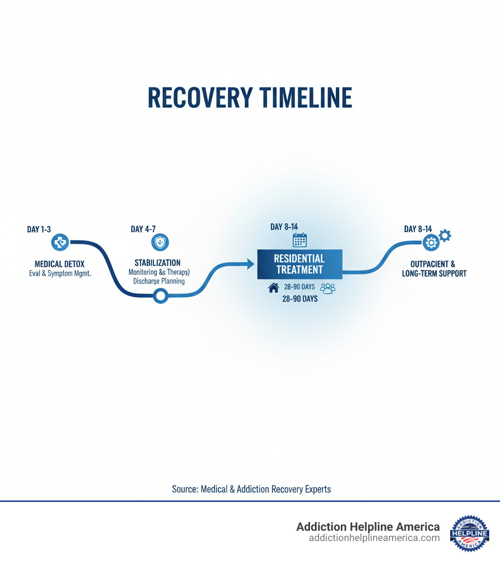 Infographic showing the recovery timeline: Day 1-3 Detox begins with medical evaluation and symptom management, Day 4-7 Stabilization with continued monitoring and therapy introduction, Day 8-14 Extended detox for certain substances with discharge planning, followed by transition to residential treatment 28-90 days, then outpatient care and long-term support - Drug detox inpatient infographic 
