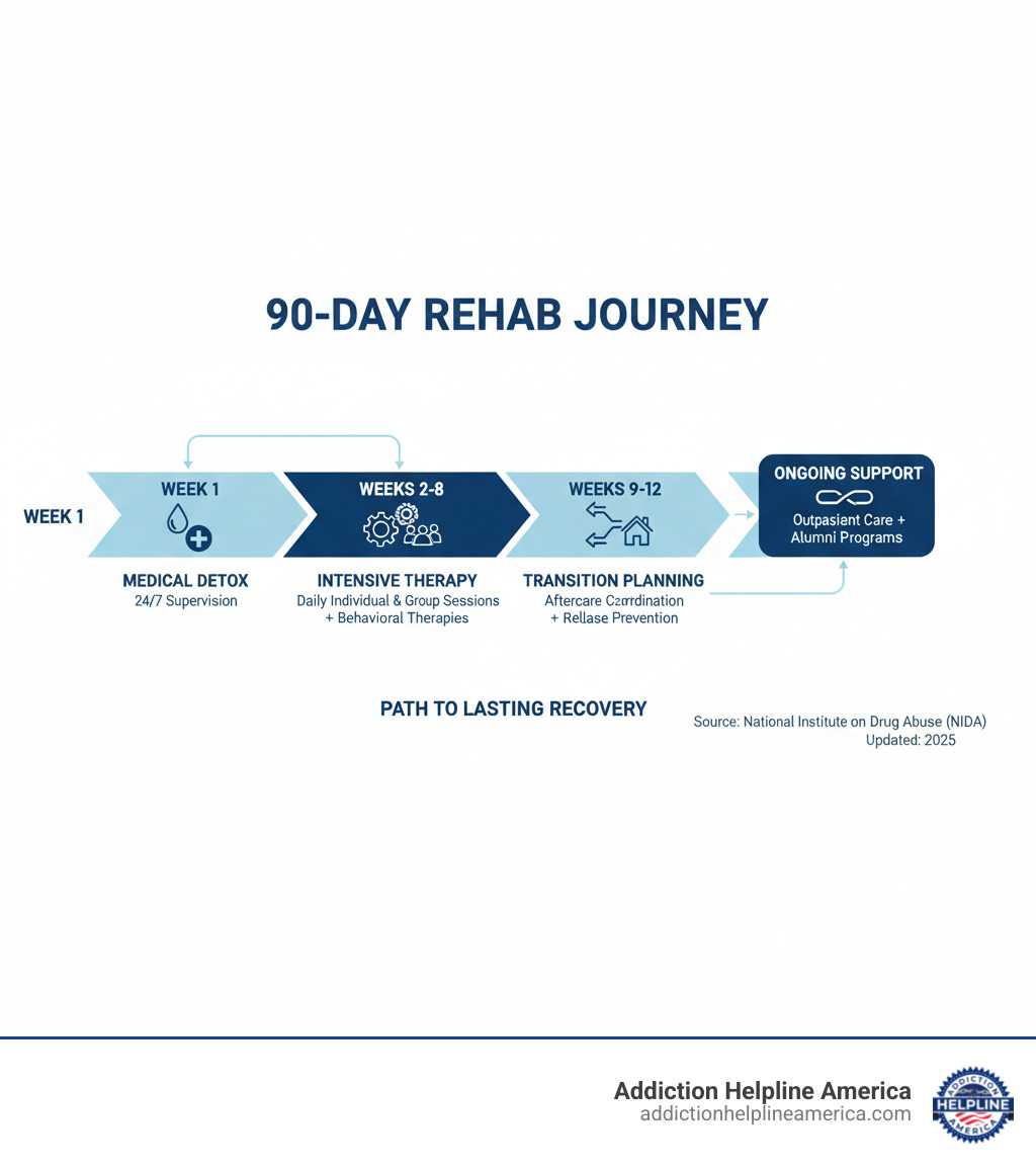 infographic showing a timeline of 90-day rehab phases: Week 1 shows medical detox with 24/7 supervision, Weeks 2-8 show intensive therapy with daily individual and group sessions plus behavioral therapies, Weeks 9-12 show transition planning with aftercare coordination and relapse prevention, followed by ongoing support with outpatient care and alumni programs - 90 day rehabs infographic 