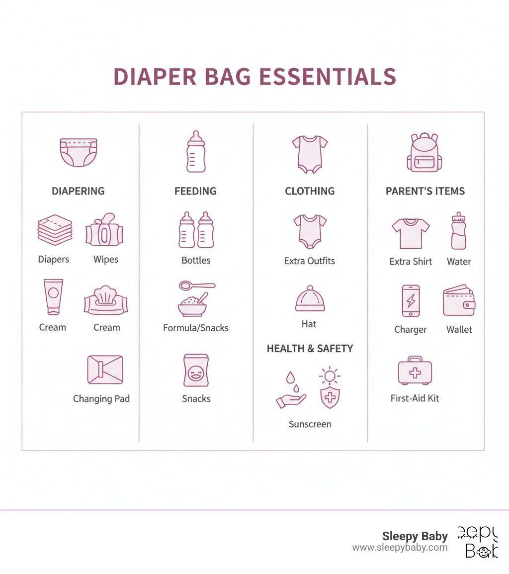 Infographic showing five main categories of diaper bag essentials organized in columns: Diapering (diapers, wipes, cream, changing pad), Feeding (bottles, formula, bibs, snacks), Clothing (extra outfits, hat, blanket), Health & Safety (sanitizer, sunscreen, first-aid kit), and Parent's Items (extra shirt, charger, wallet, water) - must have diaper bag infographic 
