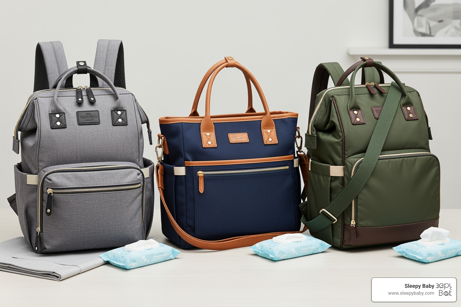 A visual comparison of different diaper bag styles: a sleek backpack, a fashionable tote, and a versatile convertible bag. - must have diaper bag