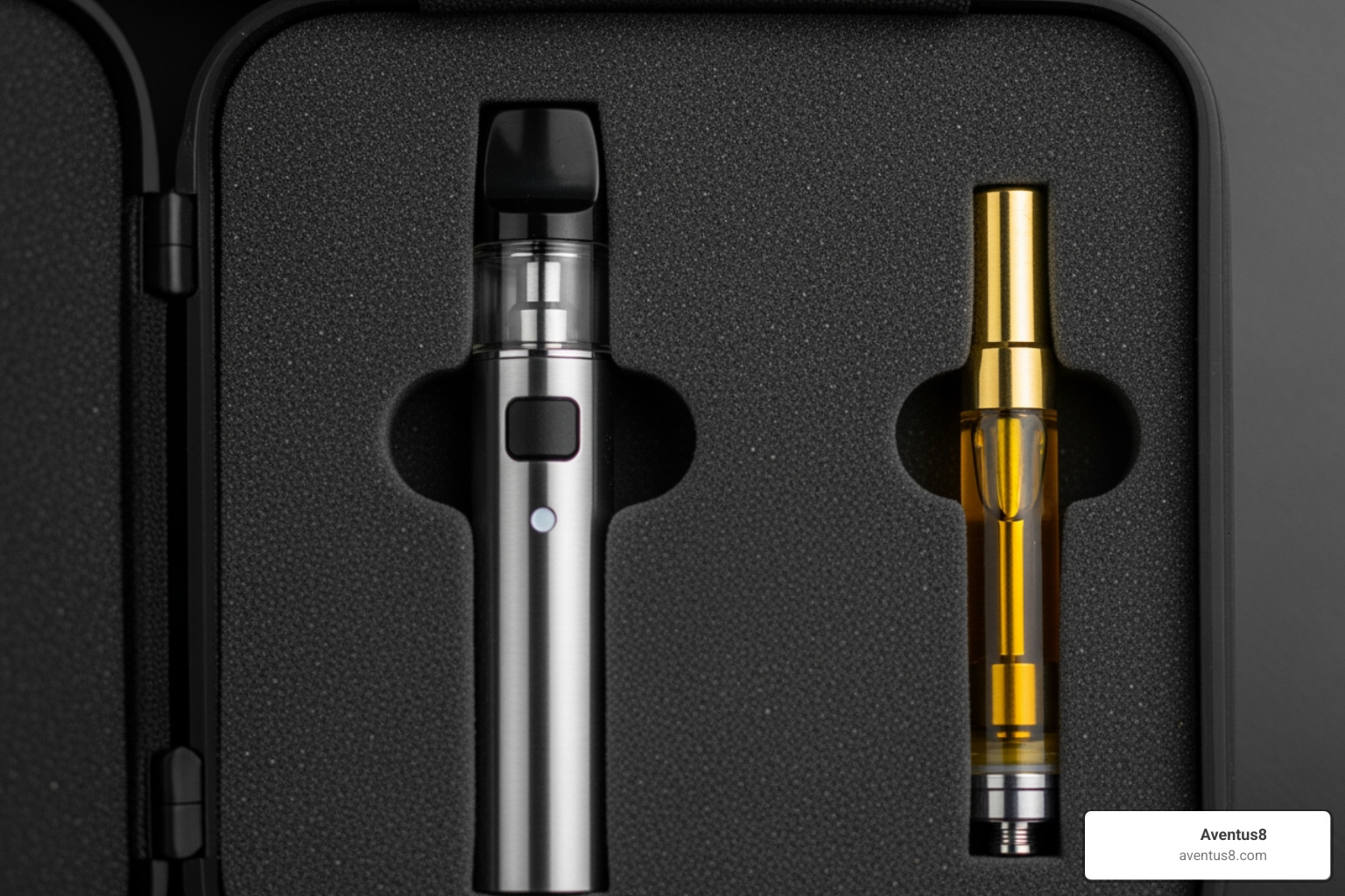 Vape pen stored properly upright in a cool, dark case - THC vape longevity