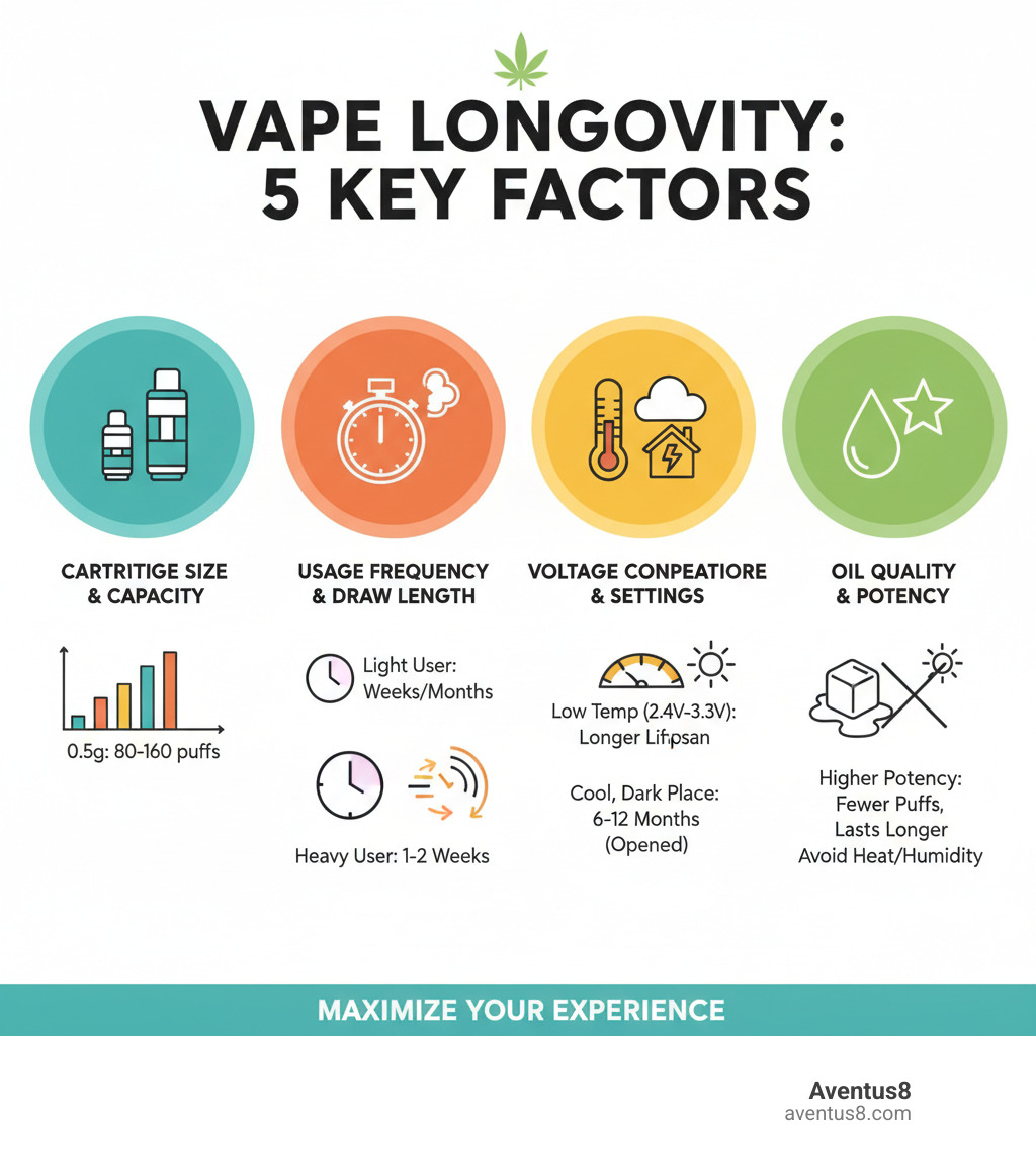 Infographic showing the five key factors affecting THC vape cartridge longevity: cartridge size and capacity, usage frequency and draw length, voltage and temperature settings, storage conditions and climate, and oil quality and potency - THC vape longevity infographic 