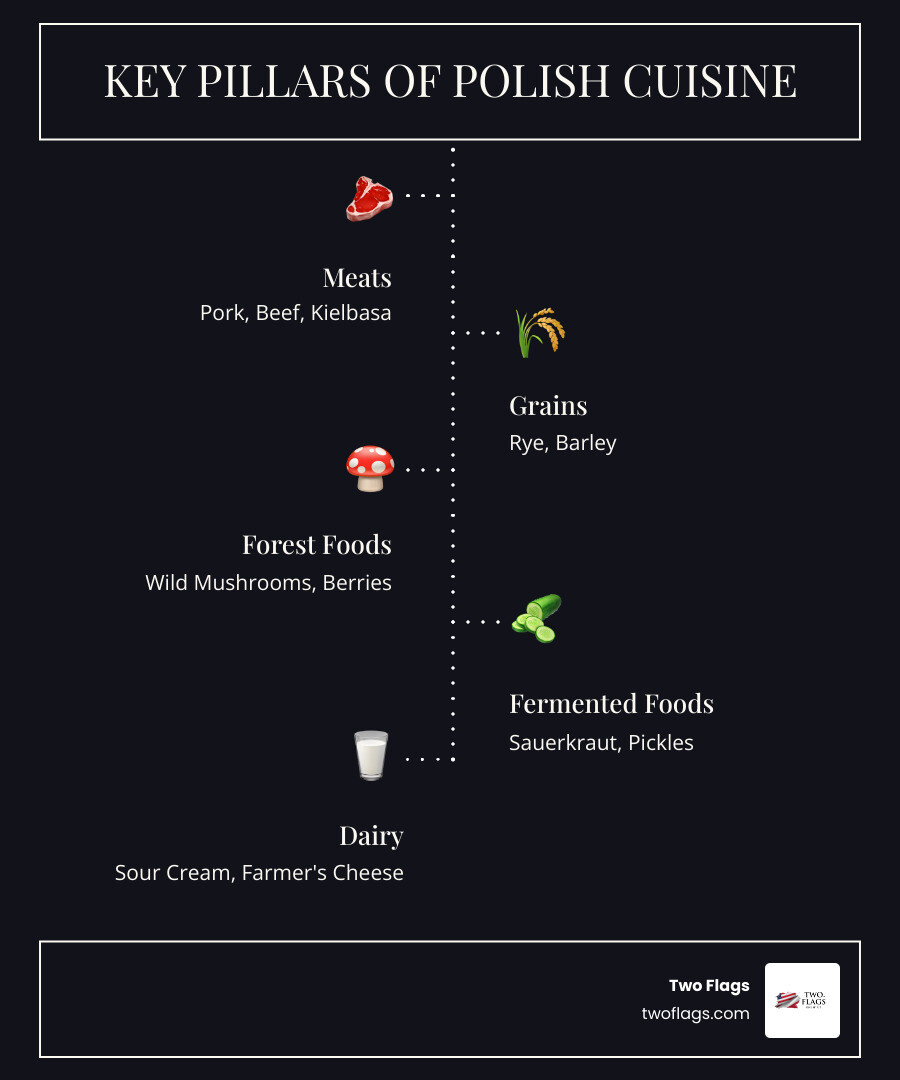 Infographic showing the five pillars of Polish cuisine: Meats including pork, beef, and kielbasa; Grains such as rye and barley; Forest Foods like wild mushrooms and berries; Fermented Foods including sauerkraut and pickles; and Dairy products like sour cream and farmer's cheese, arranged in a circular diagram with traditional Polish patterns - authentic Polish recipe infographic infographic-line-5-steps-dark Infographic showing the five pillars of Polish cuisine: Meats including pork, beef, and kielbasa; Grains such as rye and barley; Forest Foods like wild mushrooms and berries; Fermented Foods including sauerkraut and pickles; and Dairy products like sour cream and farmer's cheese, arranged in a circular diagram with traditional Polish patterns - authentic Polish recipe infographic infographic-line-5-steps-dark