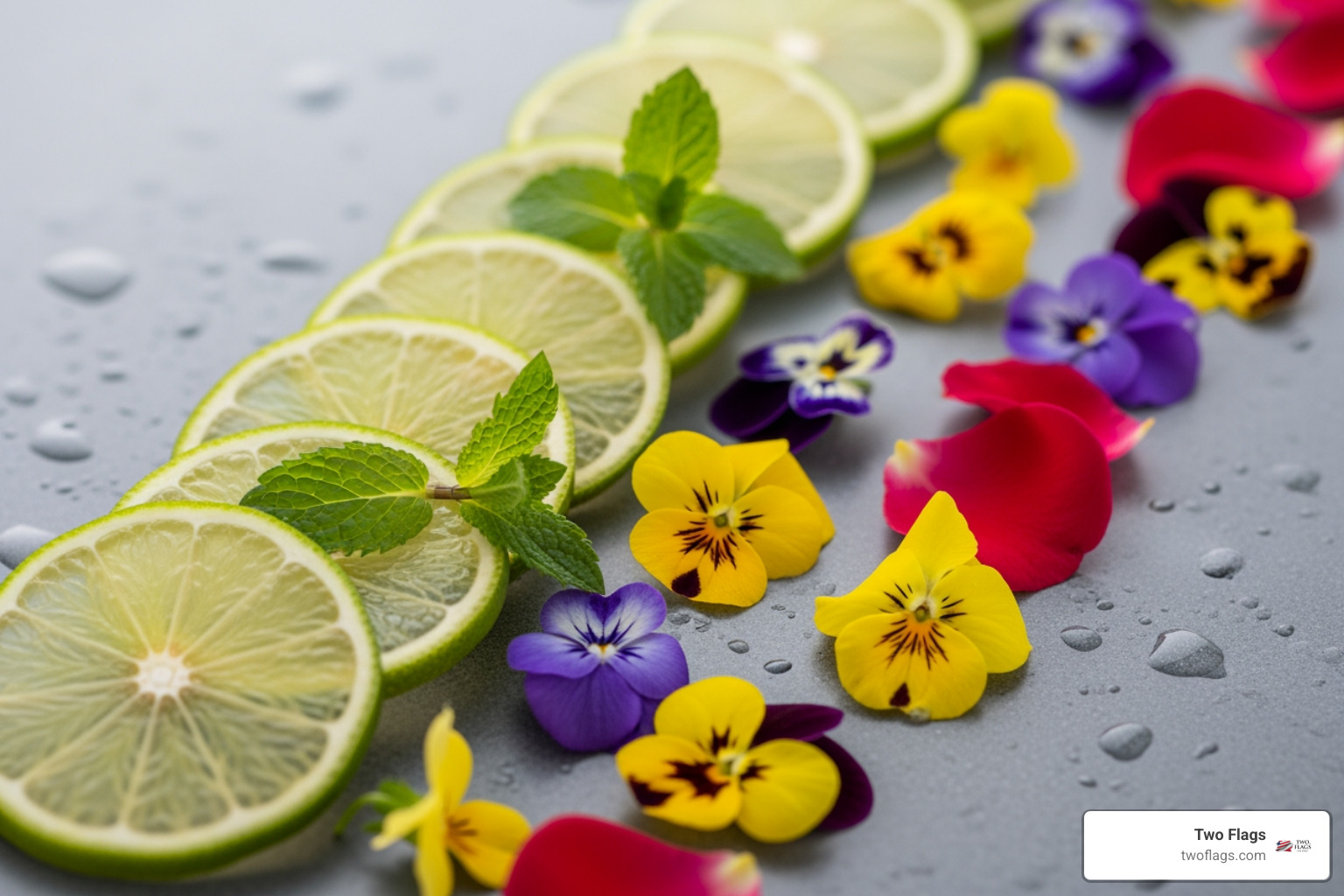 various garnishes like lime wheels, mint sprigs, and edible flowers - guava vodka cocktail