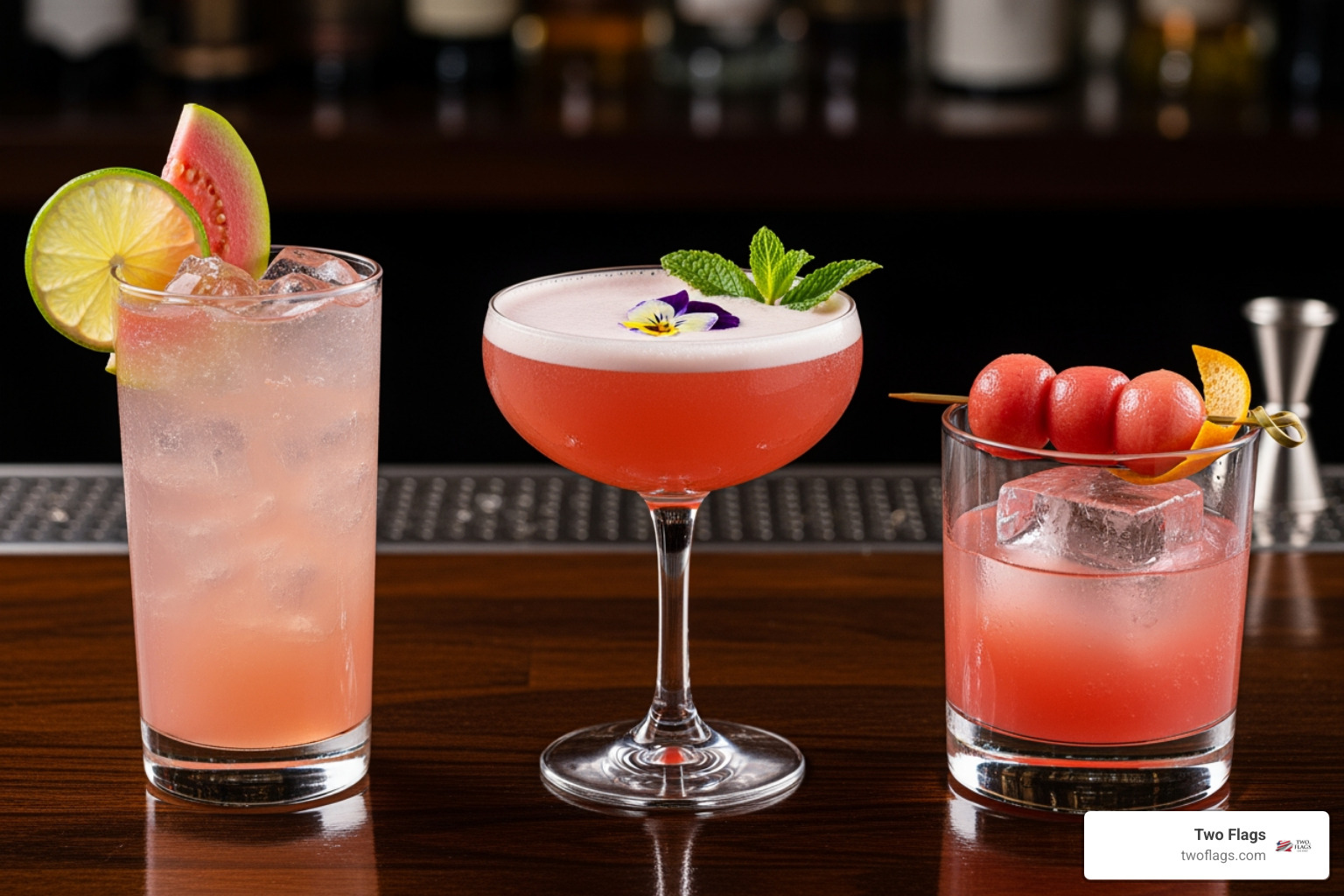 three different guava vodka cocktails side-by-side - guava vodka cocktail