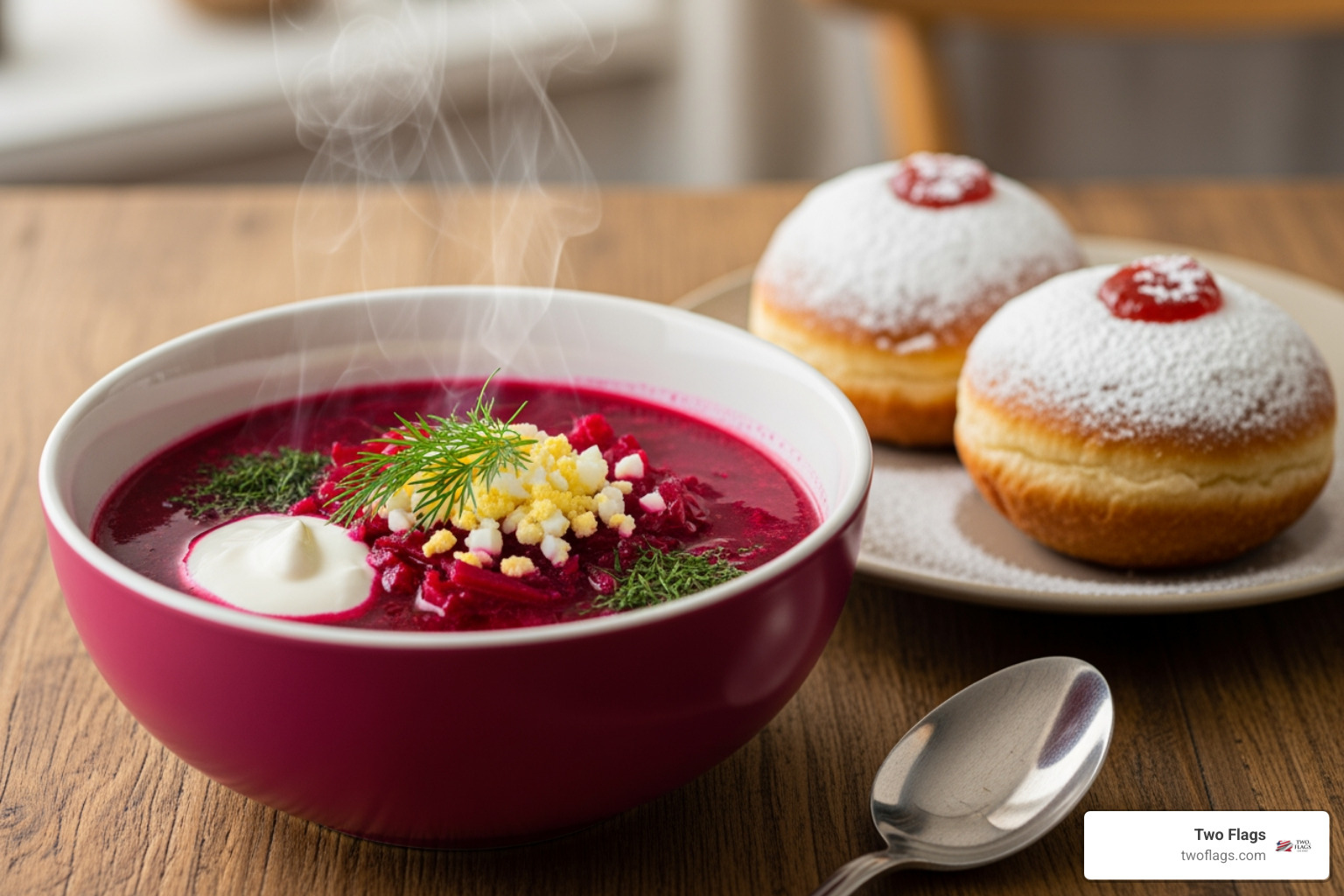 vibrant bowl of beetroot borscht next to a plate of powdered pączki - authentic Polish recipe vibrant bowl of beetroot borscht next to a plate of powdered pączki - authentic Polish recipe