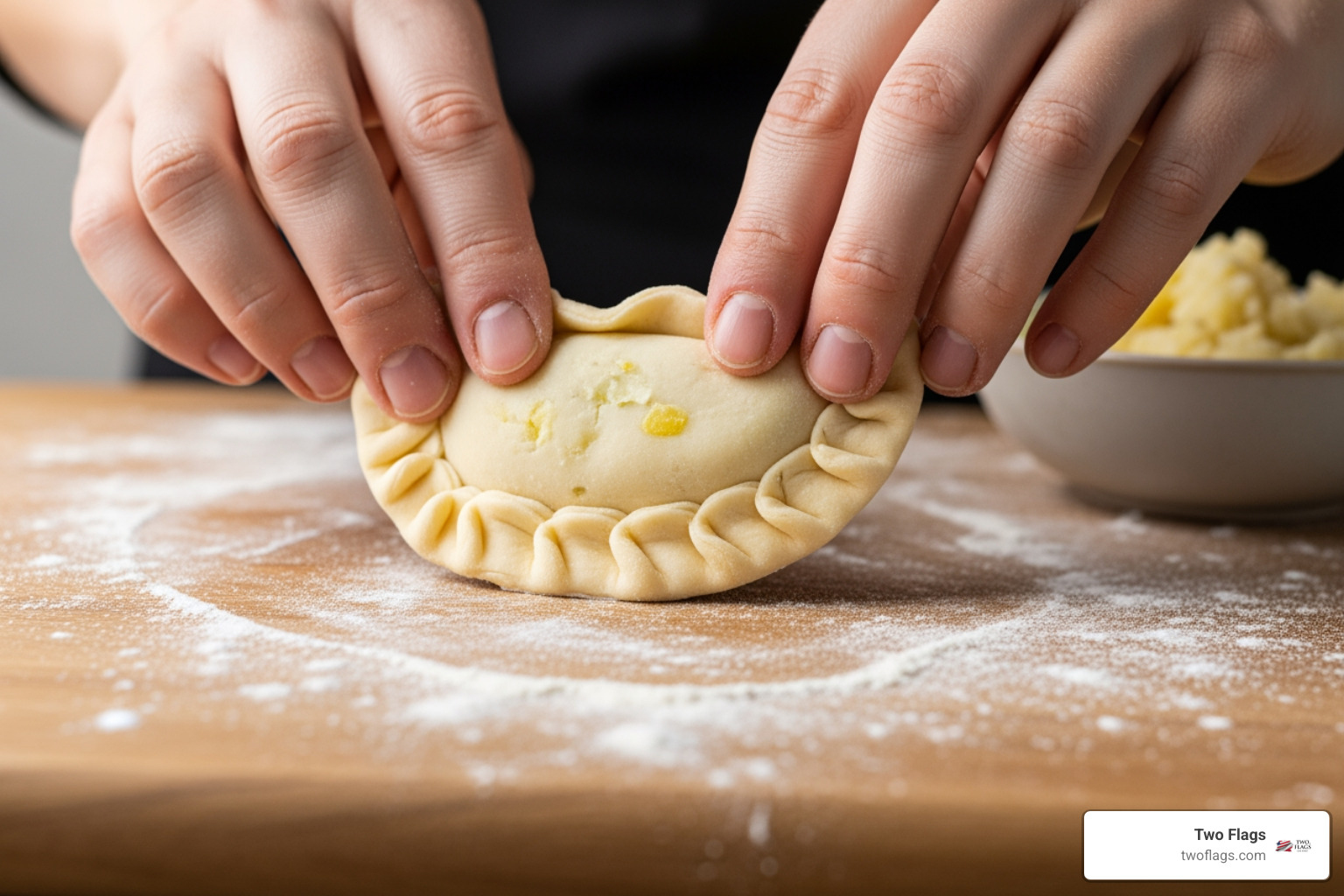 hands carefully crimping the edges of a pierogi - authentic Polish recipe hands carefully crimping the edges of a pierogi - authentic Polish recipe