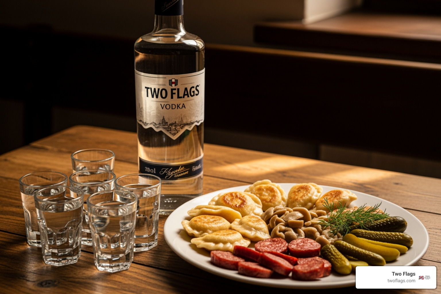 Two Flags Vodka bottle and shot glasses with a plate of Polish appetizers - authentic Polish recipe Two Flags Vodka bottle and shot glasses with a plate of Polish appetizers - authentic Polish recipe