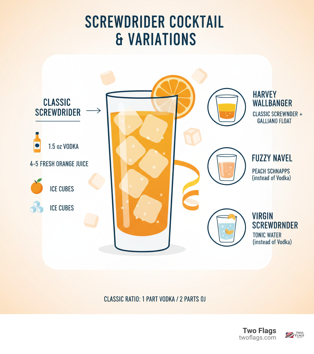 infographic showing the classic Screwdriver recipe with 1.5 oz vodka, 4-5 oz fresh orange juice, ice cubes in a highball glass, garnished with an orange slice, plus variations including the Harvey Wallbanger with Galliano float, Fuzzy Navel with peach schnapps instead of vodka, and Virgin Screwdriver with tonic water - vodka for screwdrivers infographic infographic showing the classic Screwdriver recipe with 1.5 oz vodka, 4-5 oz fresh orange juice, ice cubes in a highball glass, garnished with an orange slice, plus variations including the Harvey Wallbanger with Galliano float, Fuzzy Navel with peach schnapps instead of vodka, and Virgin Screwdriver with tonic water - vodka for screwdrivers infographic