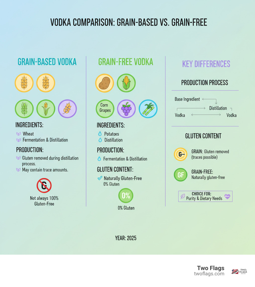 infographic showing three columns comparing grain-based vodka made from wheat barley or rye, grain-free vodka made from potatoes corn grapes or sugarcane, and the key differences in production process and gluten content with icons representing each base ingredient - grain free vodkas infographic 