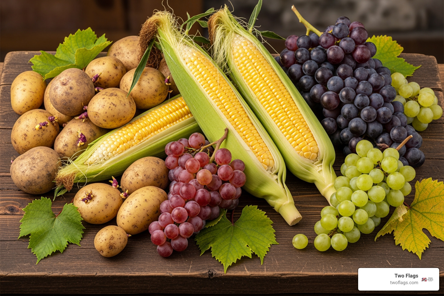 raw ingredients like potatoes, corn, and grapes on a rustic wooden board - grain free vodkas