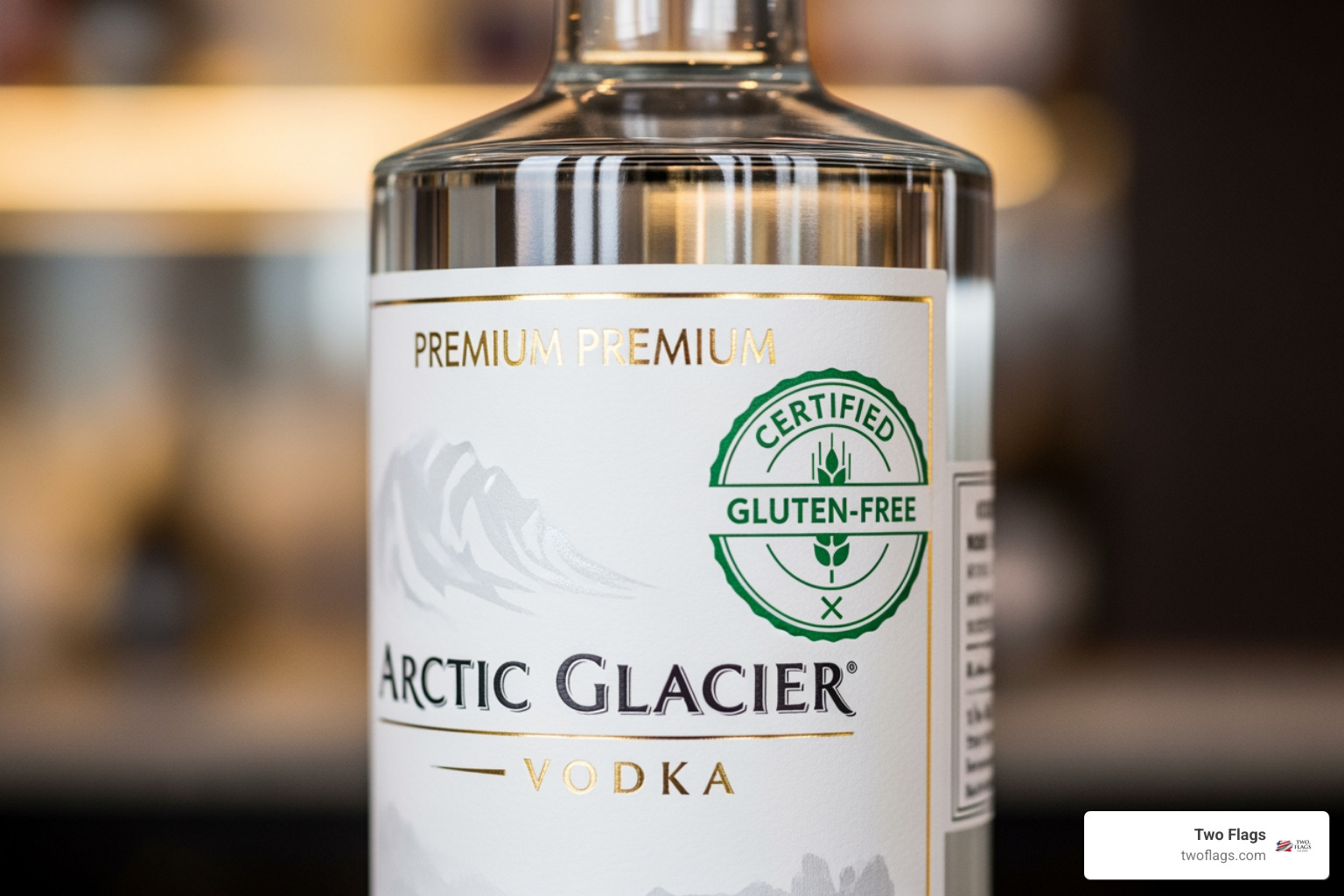 a vodka bottle label highlighting a "Certified Gluten-Free" seal - grain free vodkas