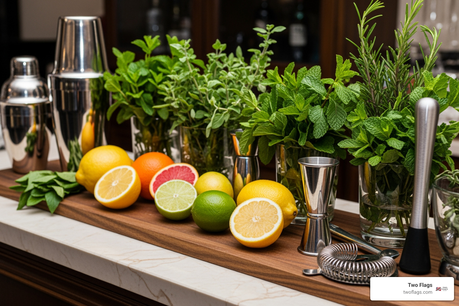 a home bar setup with fresh citrus, herbs, and cocktail tools - grain free vodkas