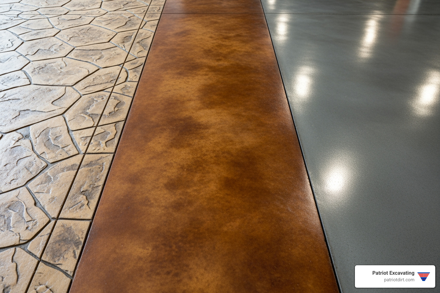 showcasing various concrete finishes like stamped, stained, and polished side-by-side - concrete patio Franklin