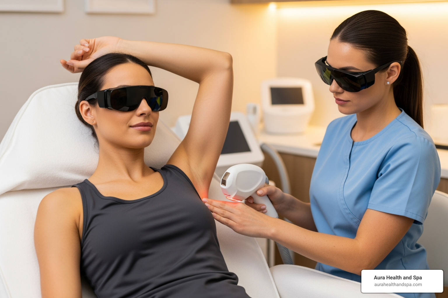 client comfortably undergoing a laser hair removal session on their underarm, with both client and technician wearing protective eyewear - hair removal laser near me