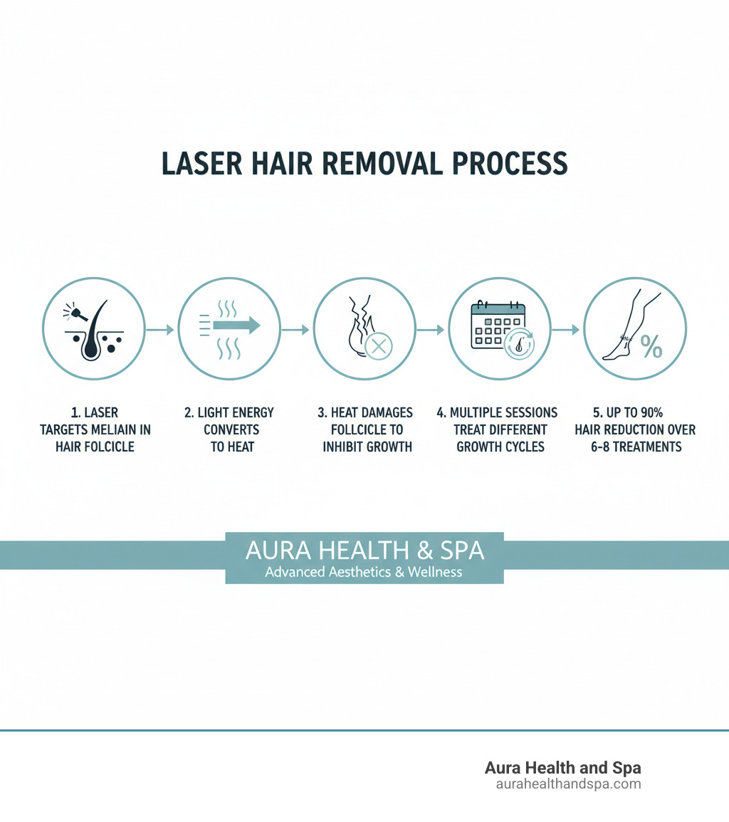 Infographic showing the laser hair removal process: 1) Laser targets melanin in hair follicle, 2) Light energy converts to heat, 3) Heat damages follicle to inhibit growth, 4) Multiple sessions treat hair in different growth cycles, 5) Results show up to 90% reduction in hair growth over 6-8 treatments - hair removal laser near me infographic 