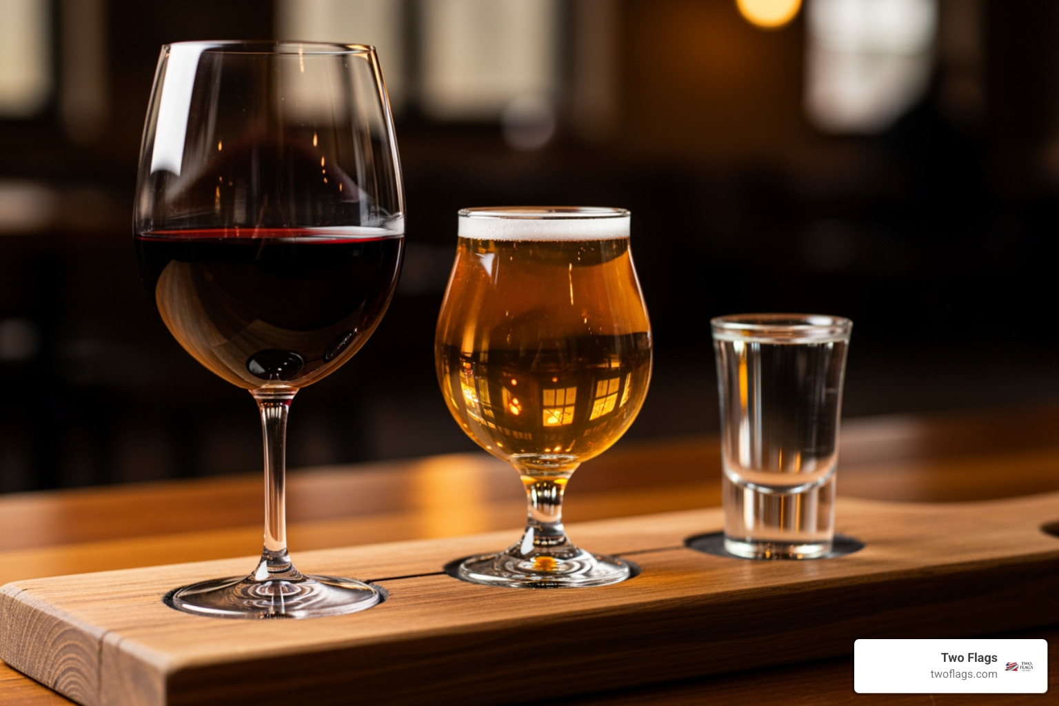 A tasting flight showing a glass of red wine, a glass of hard cider, and a shot of clear tequila - gluten-free alcohol brands