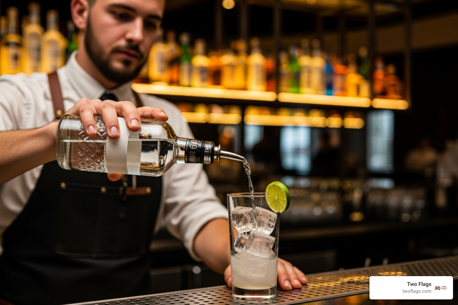 A bartender pouring a clear spirit into a glass with ice and a lime wedge - gluten-free alcohol brands