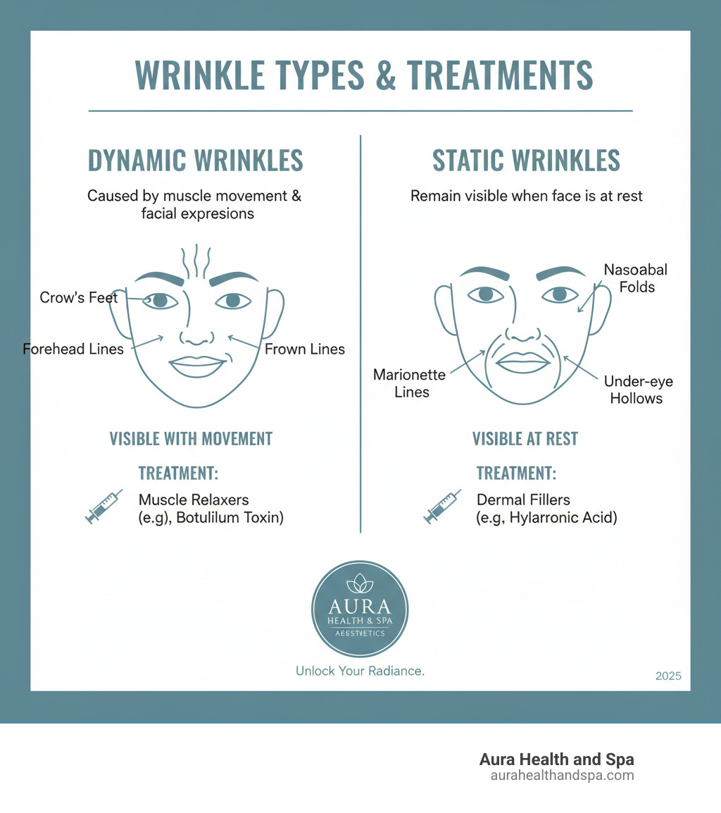 Infographic showing the difference between dynamic wrinkles caused by facial expressions and muscle movement versus static wrinkles that remain visible when the face is at rest, with illustrations of common treatment areas for each type - filler injection infographic 