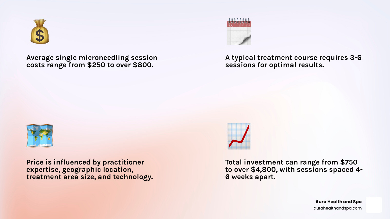 Infographic showing microneedling cost breakdown: Average session cost $250-$800, typical 3-6 sessions needed, factors affecting price include practitioner expertise, location, treatment area, device type, and add-ons like PRP or exosomes, with timeline showing sessions spaced 4-6 weeks apart - microneedle cost infographic 4_facts_emoji_light-gradient