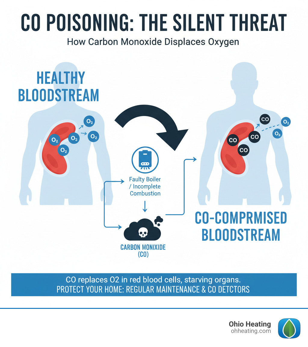 Infographic explaining how carbon monoxide displaces oxygen in the bloodstream. - Boiler carbon monoxide infographic 