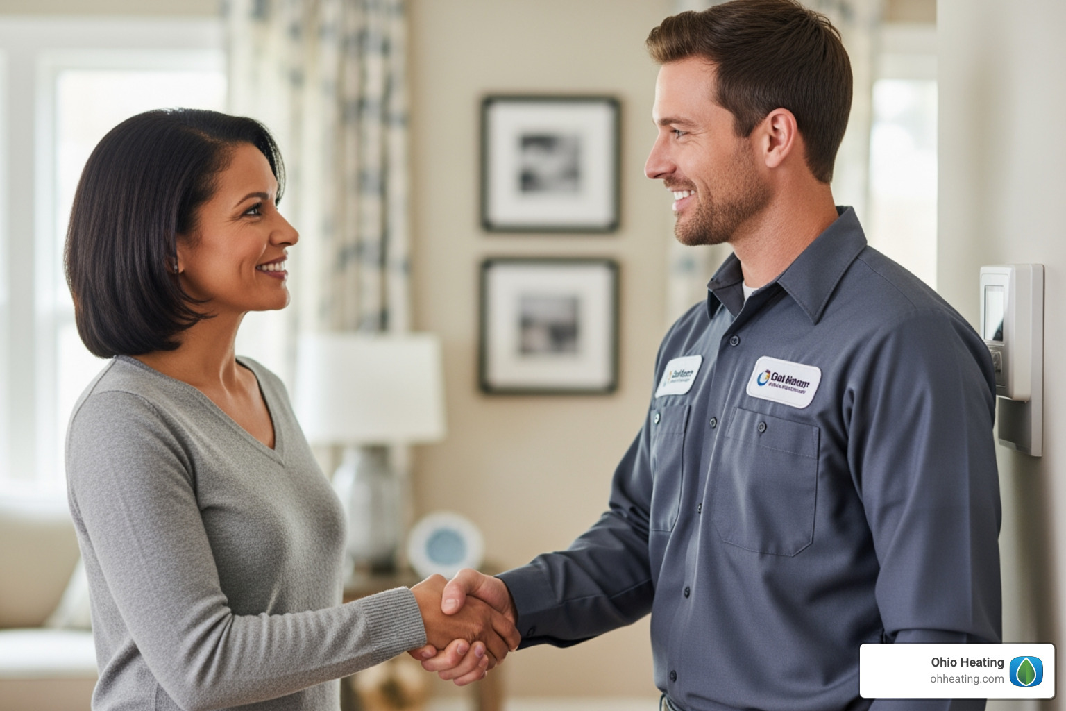 homeowner smiling and shaking hands with a technician - ac maintenance plan
