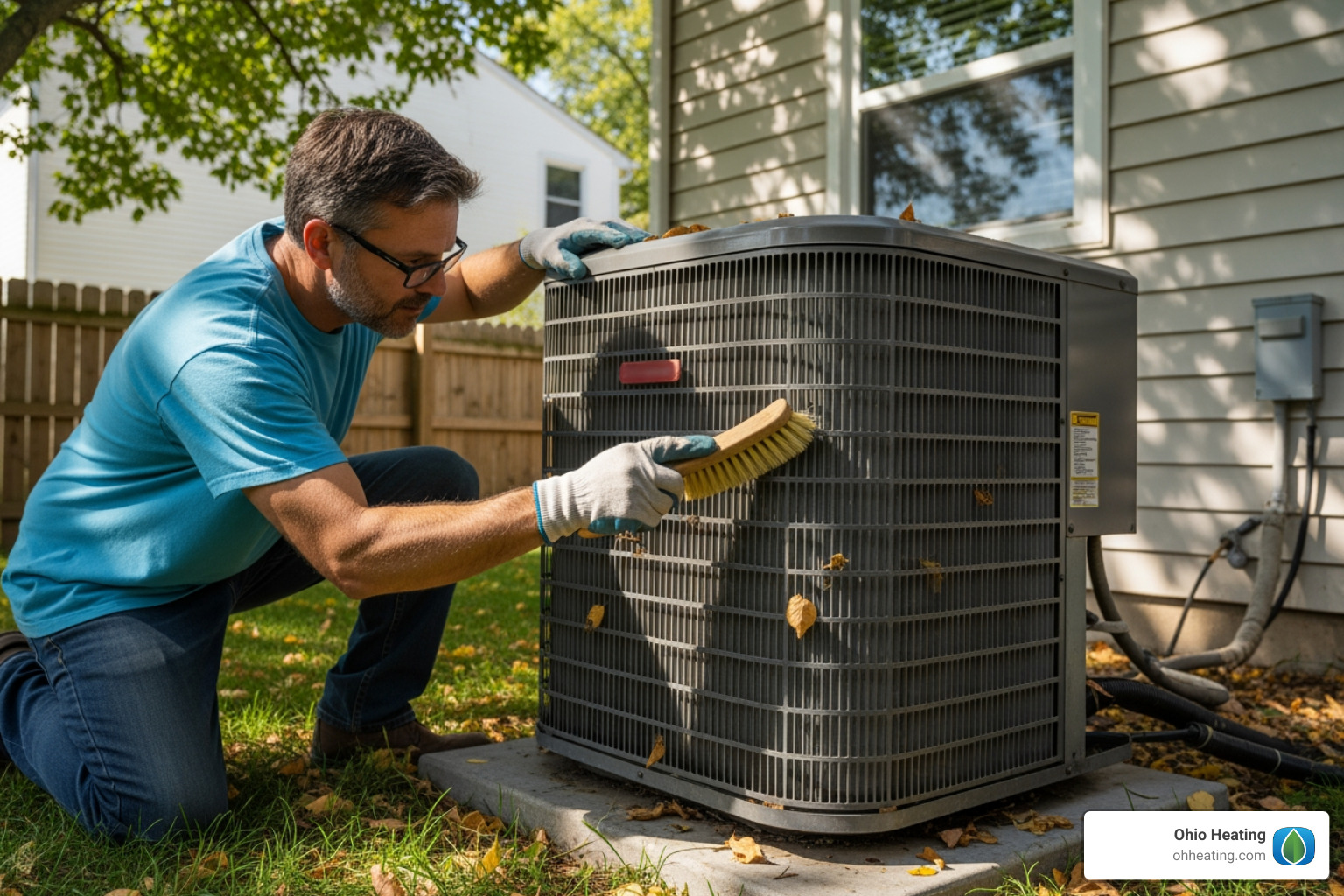 homeowner cleaning debris from outdoor unit - Preventative AC maintenance homeowner cleaning debris from outdoor unit - Preventative AC maintenance